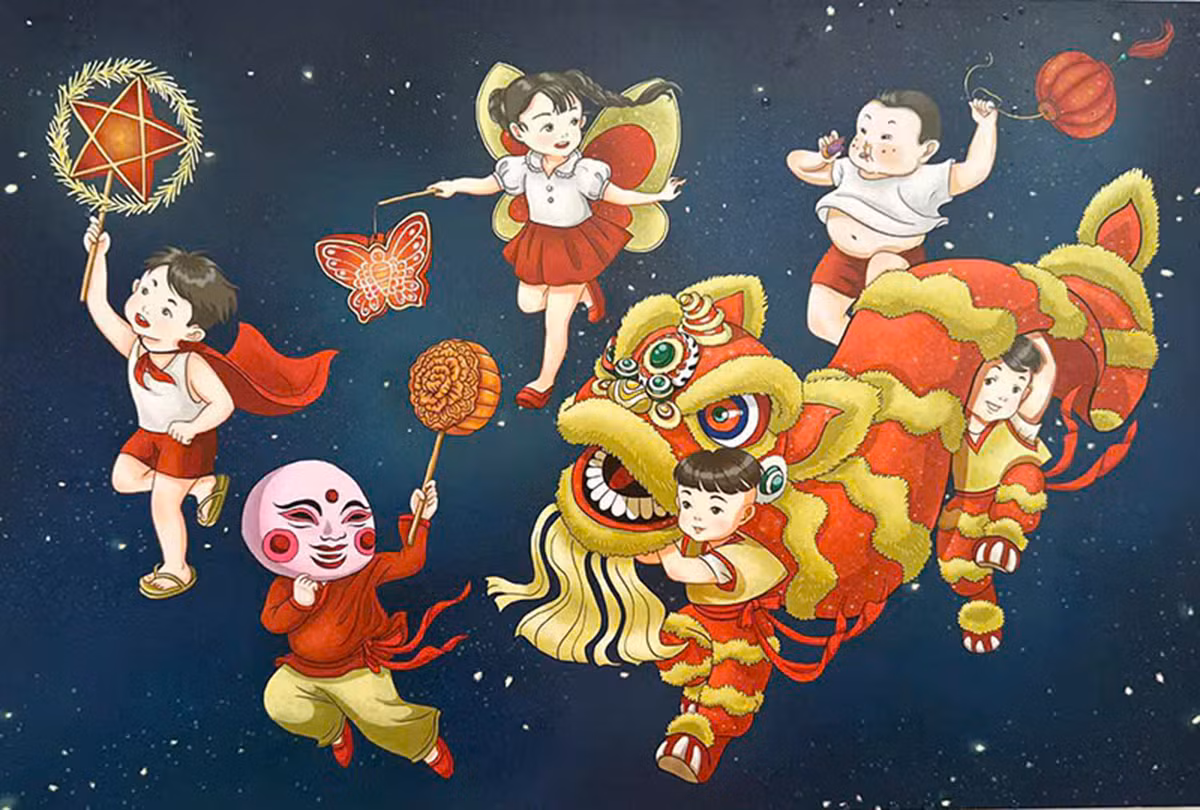 Tác phẩm "Rước đèn Trung thu" của họa sĩ Tiến Kim Tác phẩm "Rước đèn Trung thu" của họa sĩ Tiến Kim