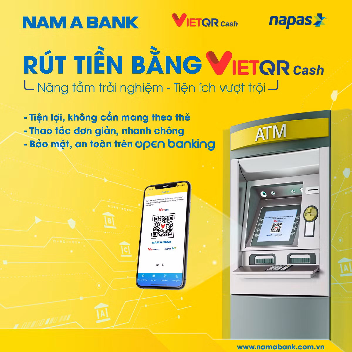Dịch vụ VietQRCash đánh dấu bước phát triển mới trong hành trình số hóa các sản phẩm, dịch vụ thanh toán của Nam A Bank. Dịch vụ VietQRCash đánh dấu bước phát triển mới trong hành trình số hóa các sản phẩm, dịch vụ thanh toán của Nam A Bank.
