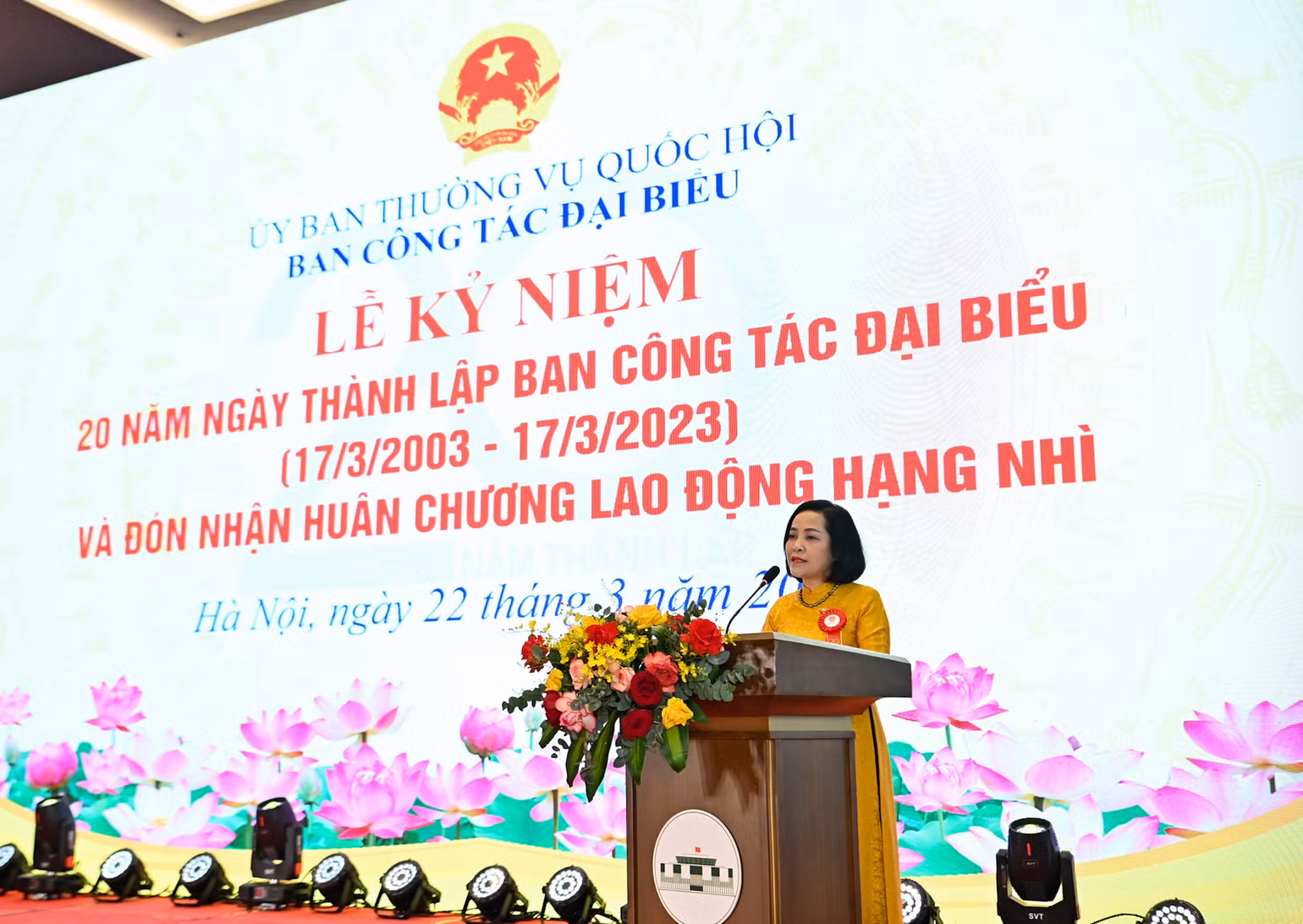 Trưởng ban Công tác đại biểu Nguyễn Thị Thanh trình bày diễn văn tại lễ kỷ niệm. Trưởng ban Công tác đại biểu Nguyễn Thị Thanh trình bày diễn văn tại lễ kỷ niệm.