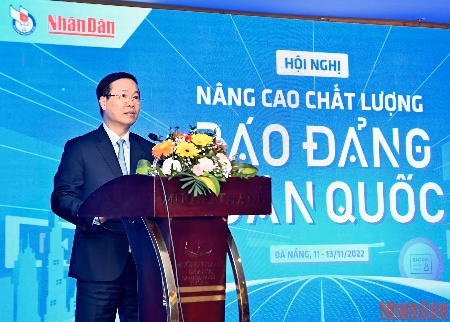 Đồng chí Võ Văn Thưởng, Ủy viên Bộ Chính trị, Thường trực Ban Bí thư phát biểu tại phiên bế mạc Hội nghị “Nâng cao chất lượng báo Đảng toàn quốc”.