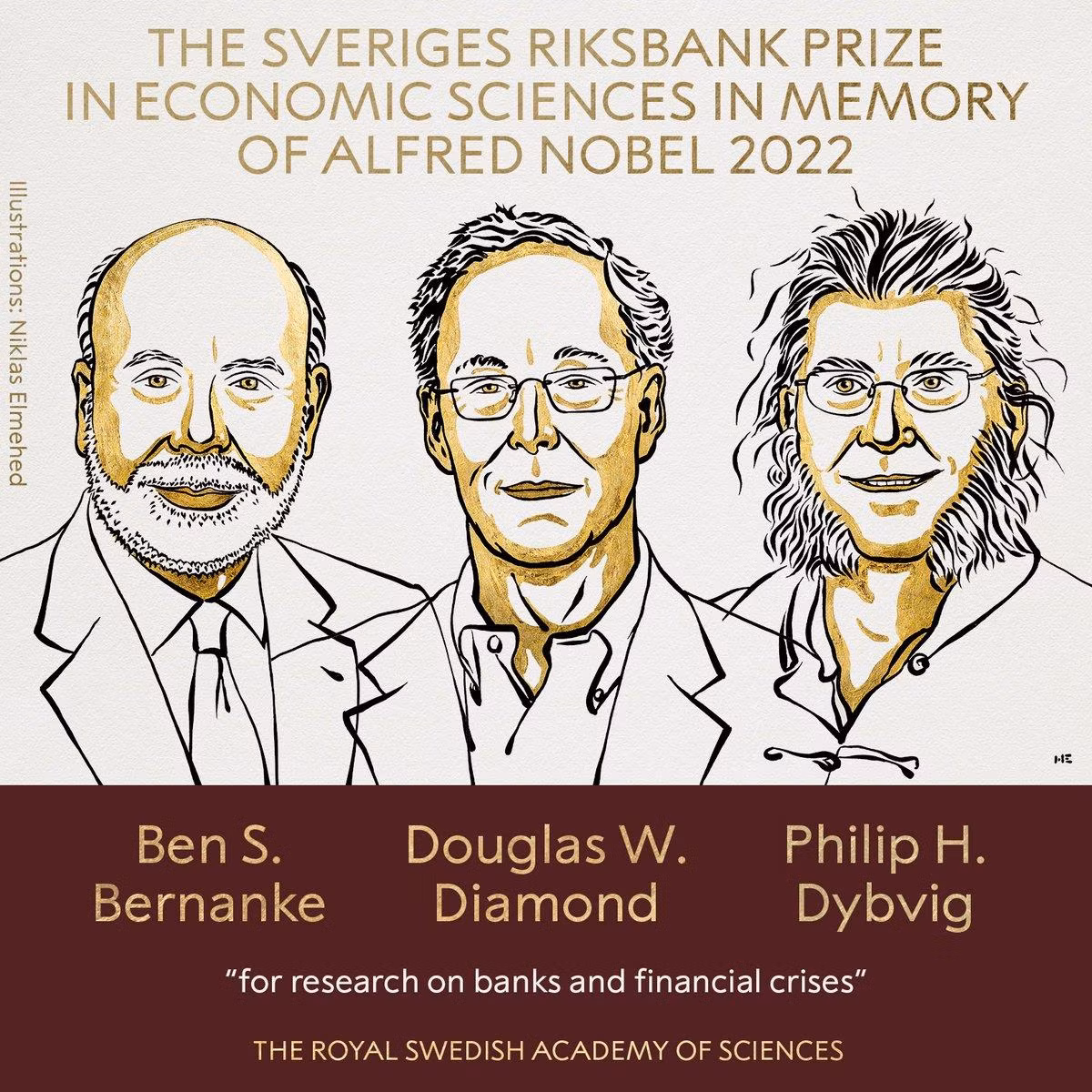 Chân dung 3 nhà kinh tế người Mỹ giành giải Nobel Kinh tế năm 2022. (Ảnh: Ban Tổ chức giải Nobel)