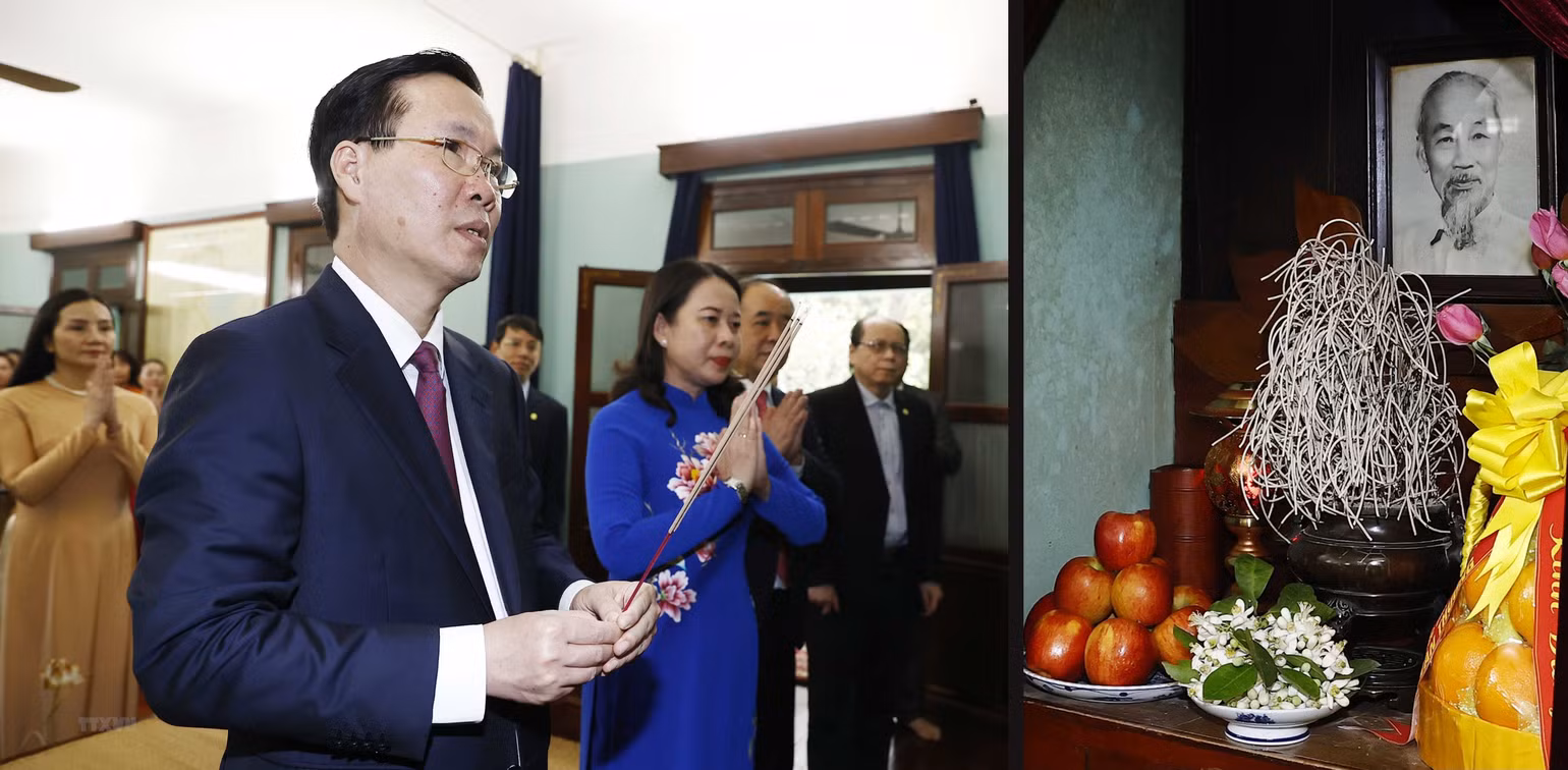 Chủ tịch nước Võ Văn Thưởng dâng hương tưởng niệm Chủ tịch Hồ Chí Minh tại Nhà 67, Khu Di tích Chủ tịch Hồ Chí Minh trong Phủ Chủ tịch. (Ảnh: TTXVN)