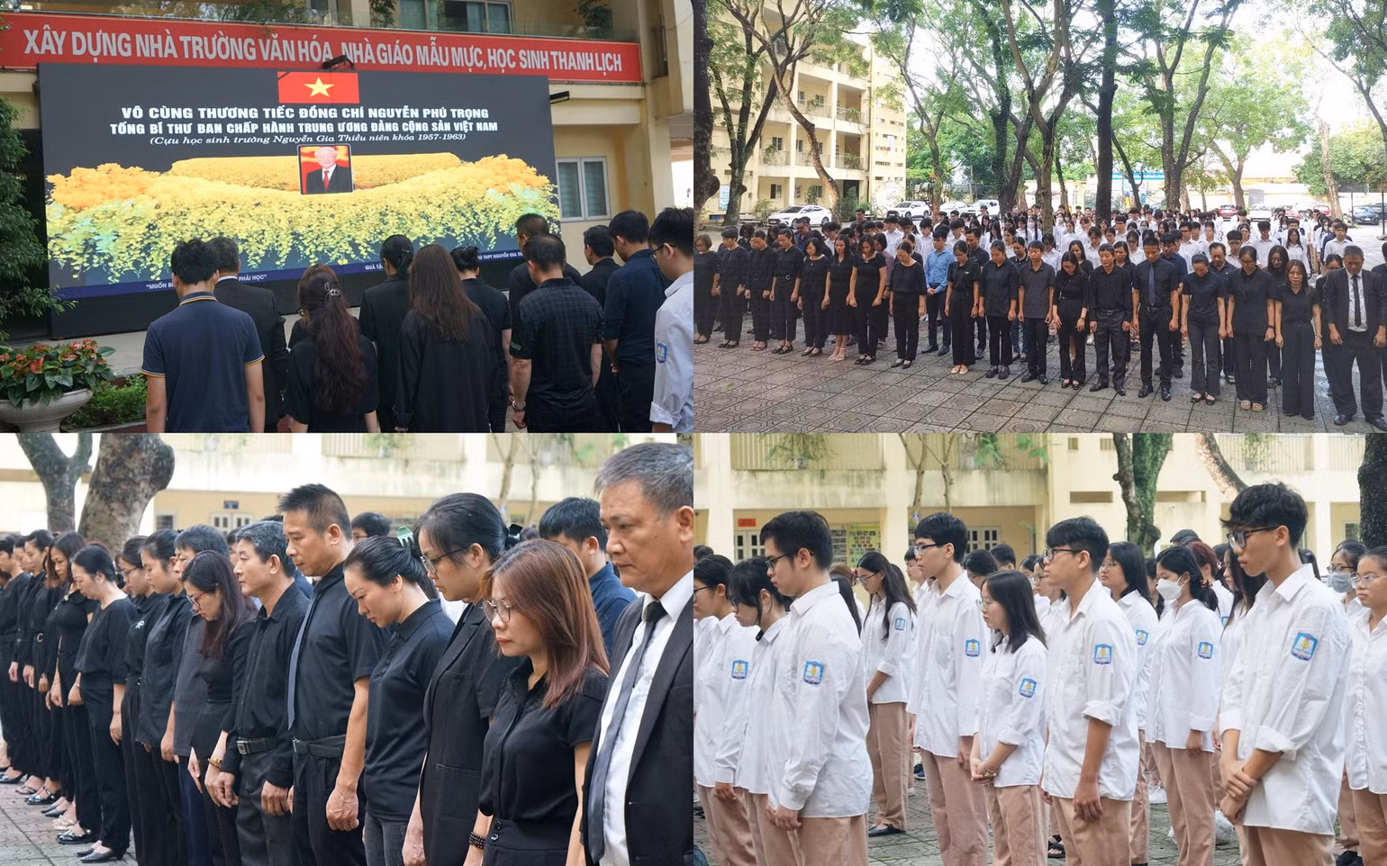 Thầy, trò và các thế hệ cựu học sinh Trường THPT Nguyễn Gia Thiều dành một phút mặc niệm Tổng Bí thư Nguyễn Phú Trọng tại lễ tưởng niệm. (Ảnh: TRUNG HƯNG) Thầy, trò và các thế hệ cựu học sinh Trường THPT Nguyễn Gia Thiều dành một phút mặc niệm Tổng Bí thư Nguyễn Phú Trọng tại lễ tưởng niệm. (Ảnh: TRUNG HƯNG)