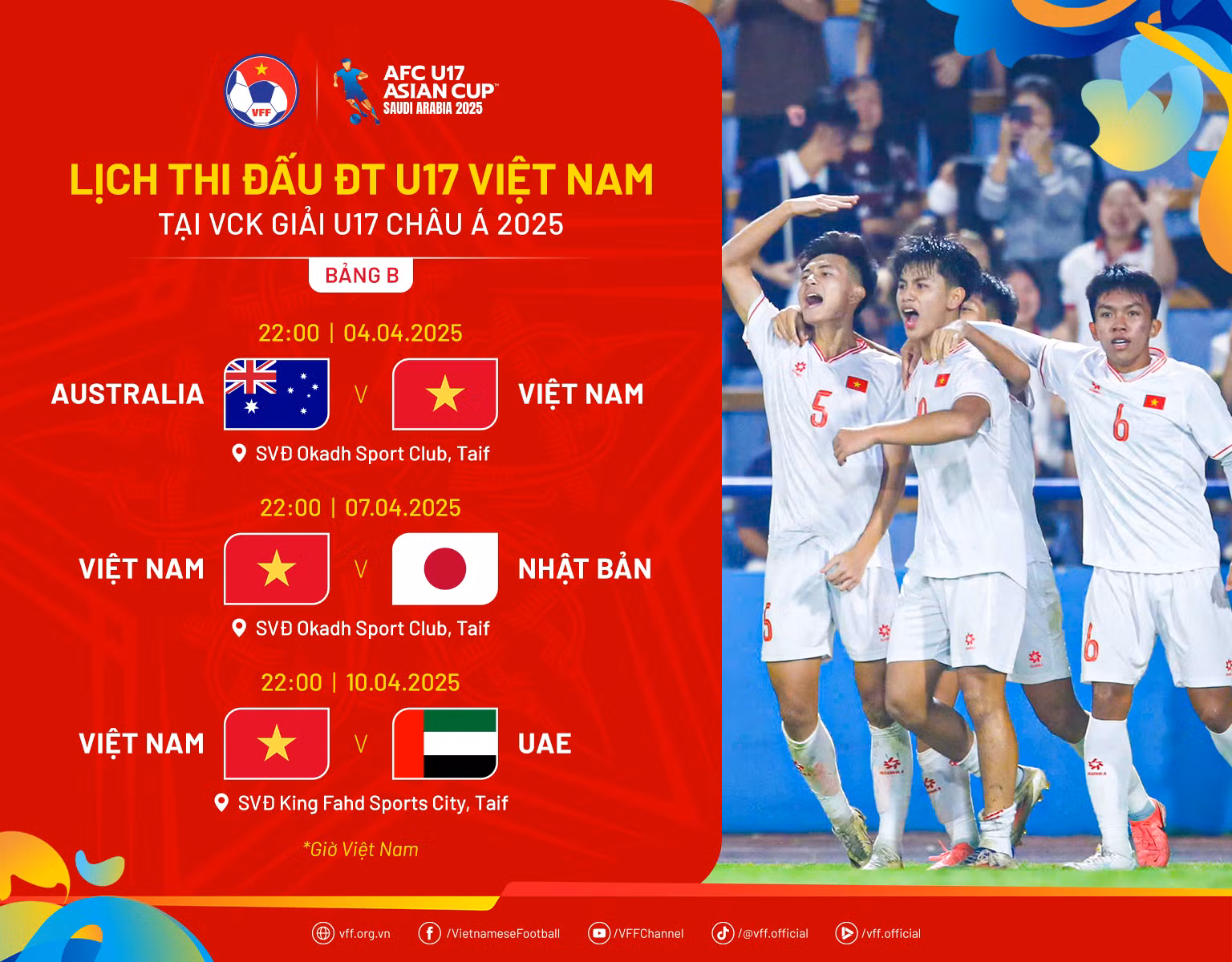 Lịch thi đấu của U17 Việt Nam tại Vòng chung kết U17 châu Á 2025. (Ảnh: VFF)