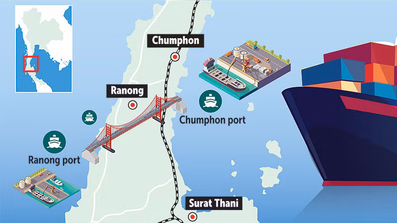 Land Bridge sẽ kết nối tỉnh Chumphon trên Vịnh Thái Lan với tỉnh Ranong trên Biển Andaman. (Đồ họa: Bangkok Post) Land Bridge sẽ kết nối tỉnh Chumphon trên Vịnh Thái Lan với tỉnh Ranong trên Biển Andaman. (Đồ họa: Bangkok Post)