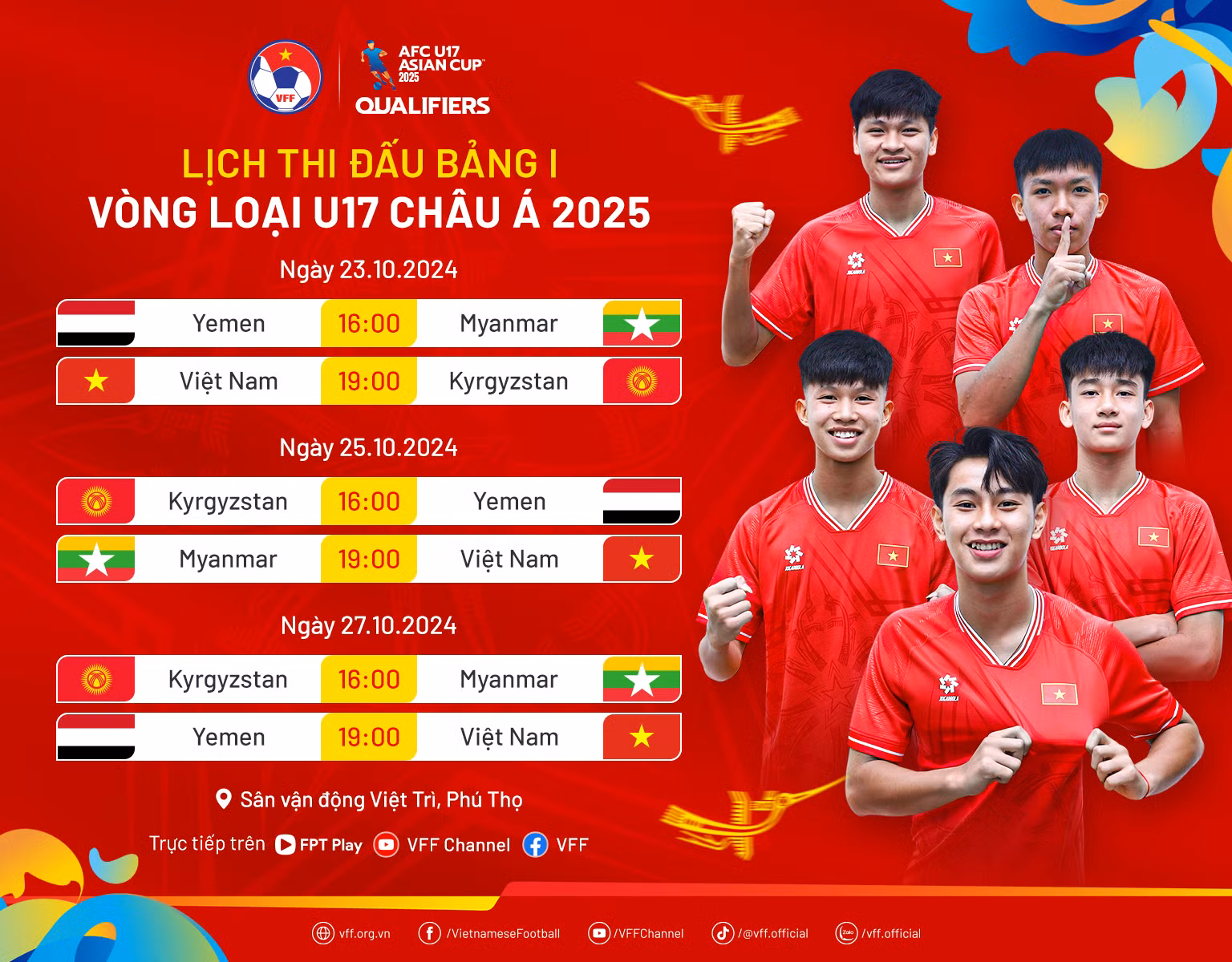 Lịch thi đấu của U17 Việt Nam tại bảng I Vòng loại U17 châu Á 2025. (Ảnh: VFF) Lịch thi đấu của U17 Việt Nam tại bảng I Vòng loại U17 châu Á 2025. (Ảnh: VFF)