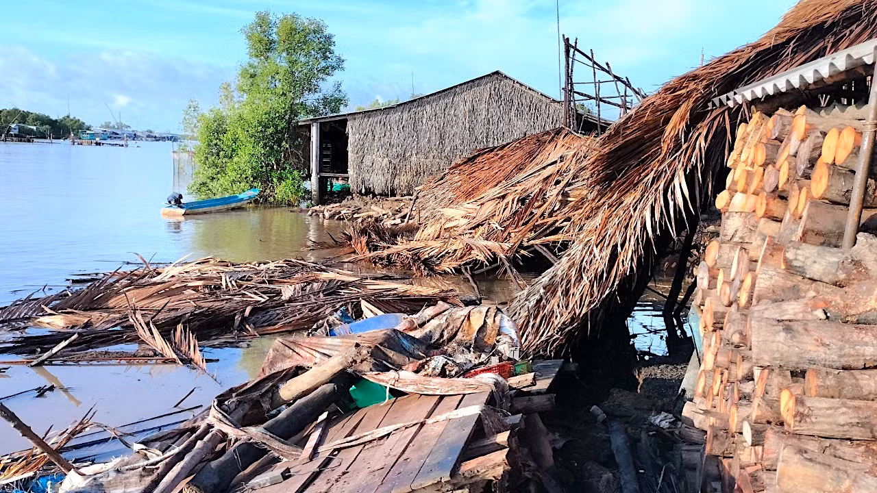 Khu vực sạt lở thuộc ấp Nhà Hội (xã Tam Giang, huyện Năm Căn) làm hư hỏng 4 nhà dân vào rạng sáng 23/5.