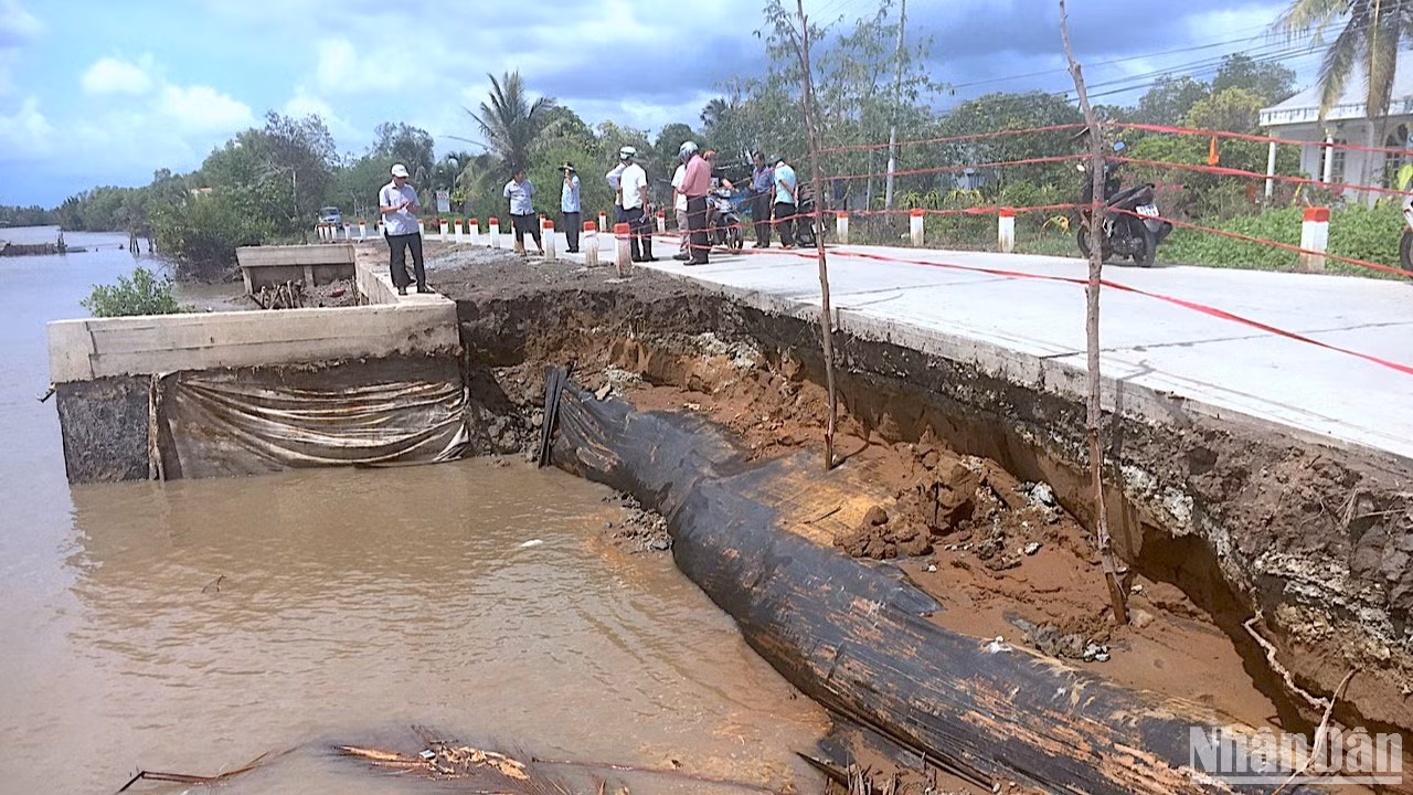 Lực lượng chức năng huyện Đầm Dơi xuống hiện trường khoanh vùng sạt lở hư hỏng đường ô-tô dọc tuyến sông Cây Tàng để có giải pháp khắc phục hữu hiệu.