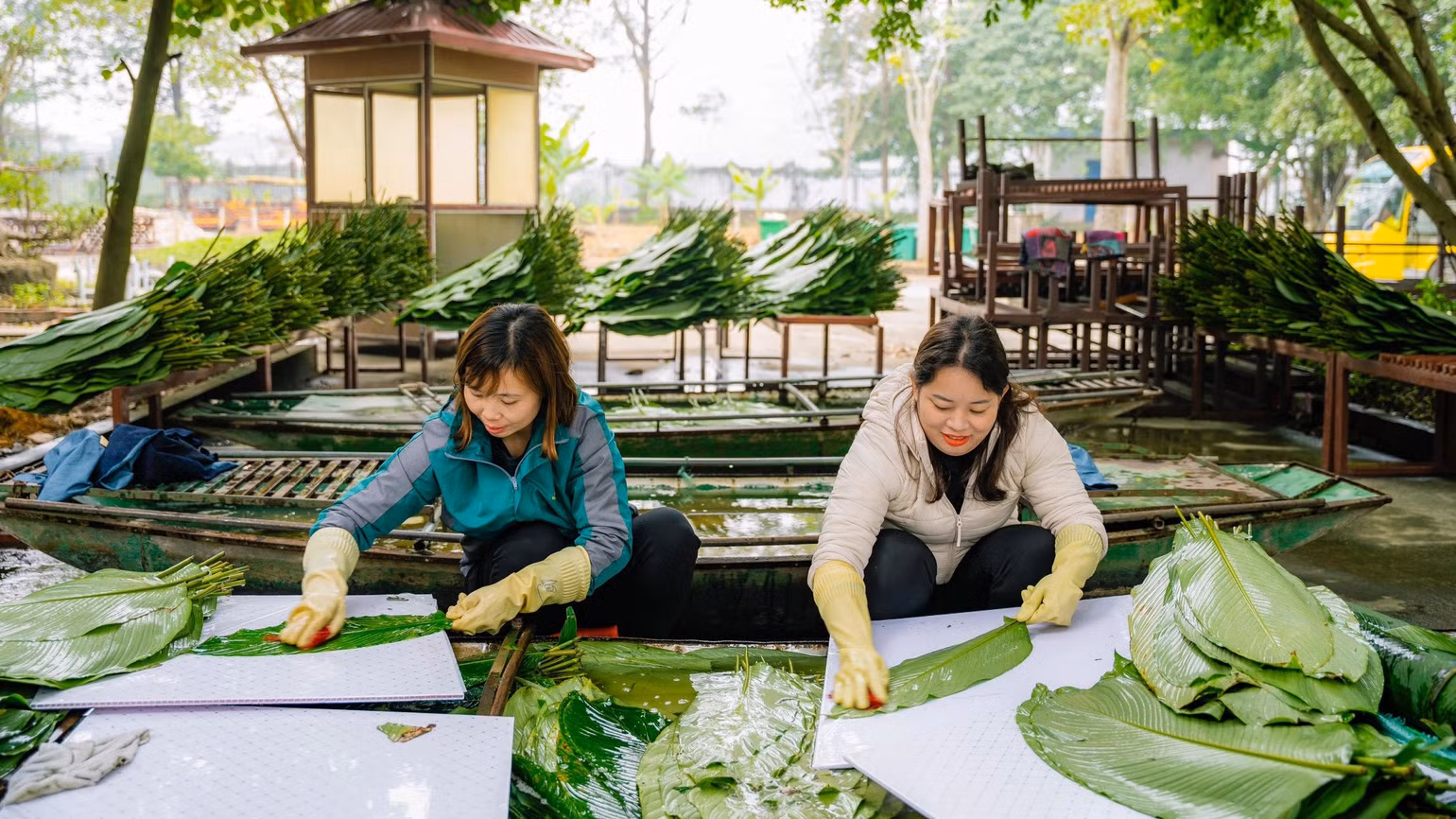 Các nguyên liệu như lá dong, gạo nếp, thịt lợn, đậu xanh đã được chuẩn bị kỹ lưỡng từ trước.