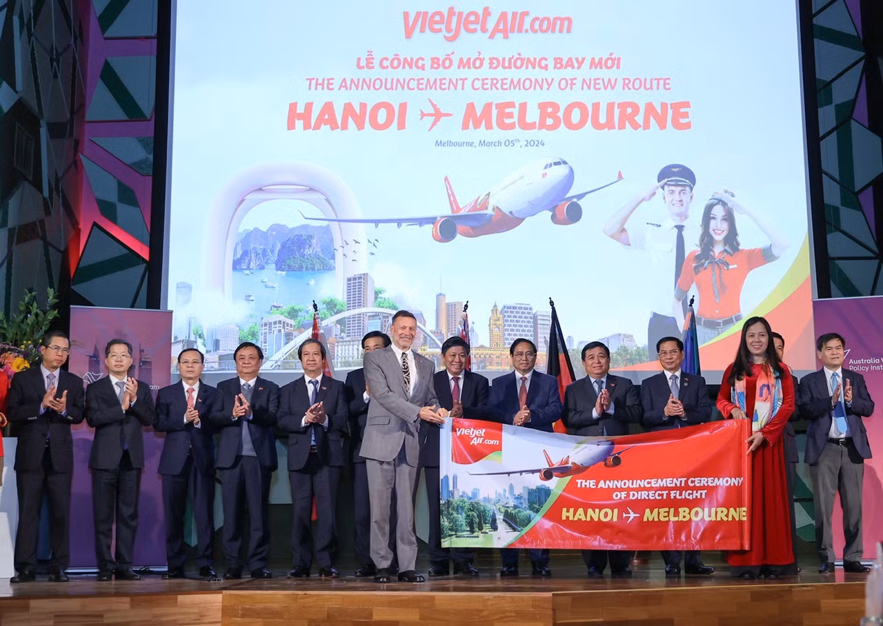 Thủ tướng Phạm Minh Chính dự lễ công bố mở đường bay mới Hà Nội - Melbourne của Hãng hàng không Vietjet (Ảnh: Nhật Bắc). Thủ tướng Phạm Minh Chính dự lễ công bố mở đường bay mới Hà Nội - Melbourne của Hãng hàng không Vietjet (Ảnh: Nhật Bắc).