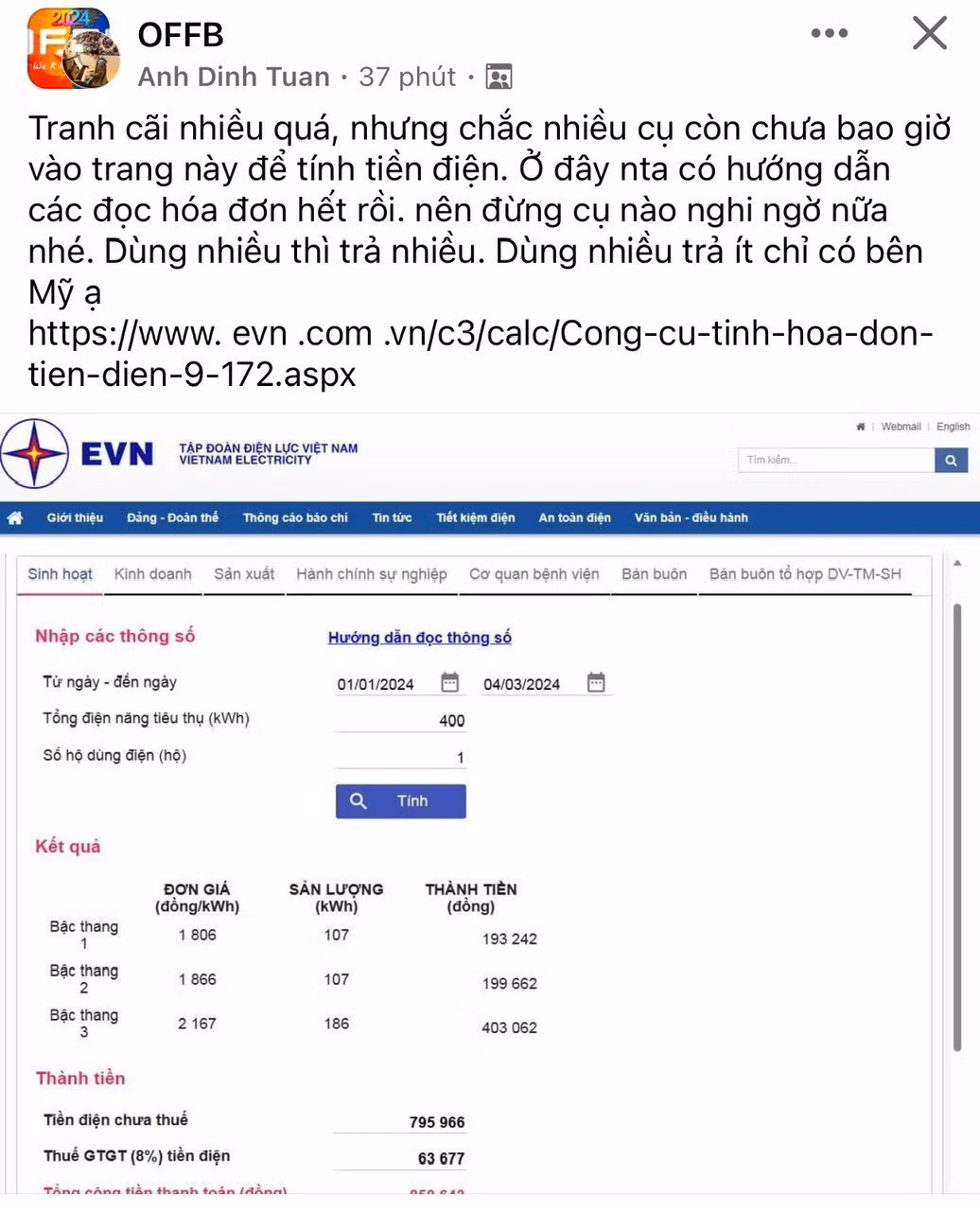 Ý kiến của khách hàng tên Facebook "Anh Dinh Tuan" khi nhận hóa đơn tiền điện. (Ảnh chụp màn hình) Ý kiến của khách hàng tên Facebook "Anh Dinh Tuan" khi nhận hóa đơn tiền điện. (Ảnh chụp màn hình)