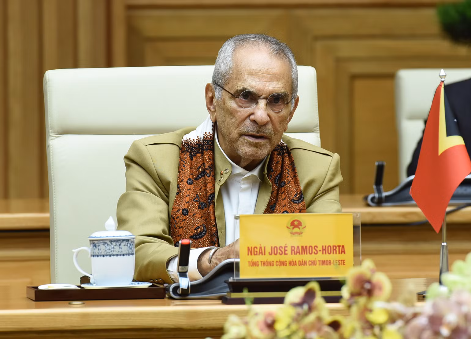 Tổng thống Timor-Leste Jose Ramos-Horta phát biểu ý kiến tại buổi tiếp. (Ảnh: TRẦN HẢI) Tổng thống Timor-Leste Jose Ramos-Horta phát biểu ý kiến tại buổi tiếp. (Ảnh: TRẦN HẢI)
