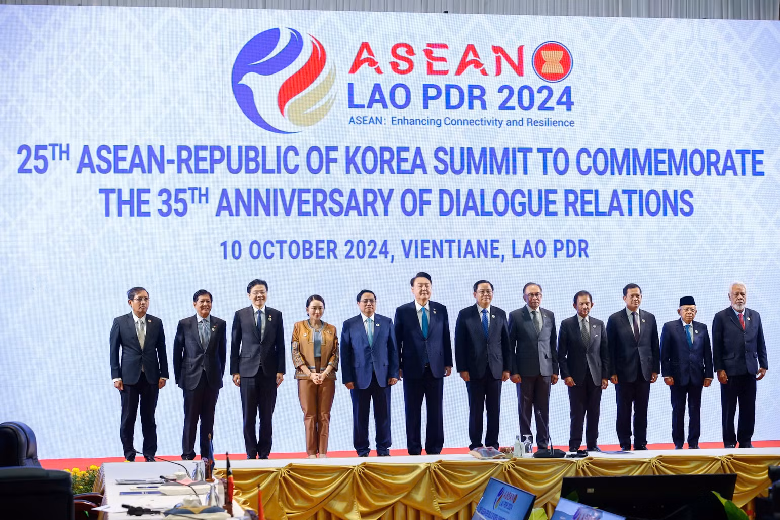 Thủ tướng Phạm Minh Chính và các nhà lãnh đạo tại Hội nghị Cấp cao ASEAN-Hàn Quốc lần thứ 25. (Ảnh: Nhật Bắc/VGP)