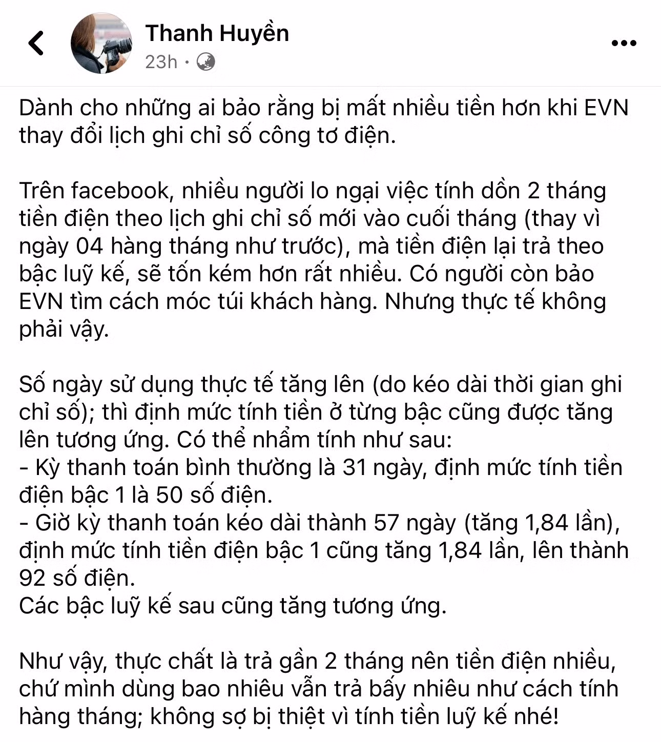 Ý kiến của khách hàng Thanh Huyền khi nhận hóa đơn tiền điện. (Ảnh chụp màn hình) Ý kiến của khách hàng Thanh Huyền khi nhận hóa đơn tiền điện. (Ảnh chụp màn hình)