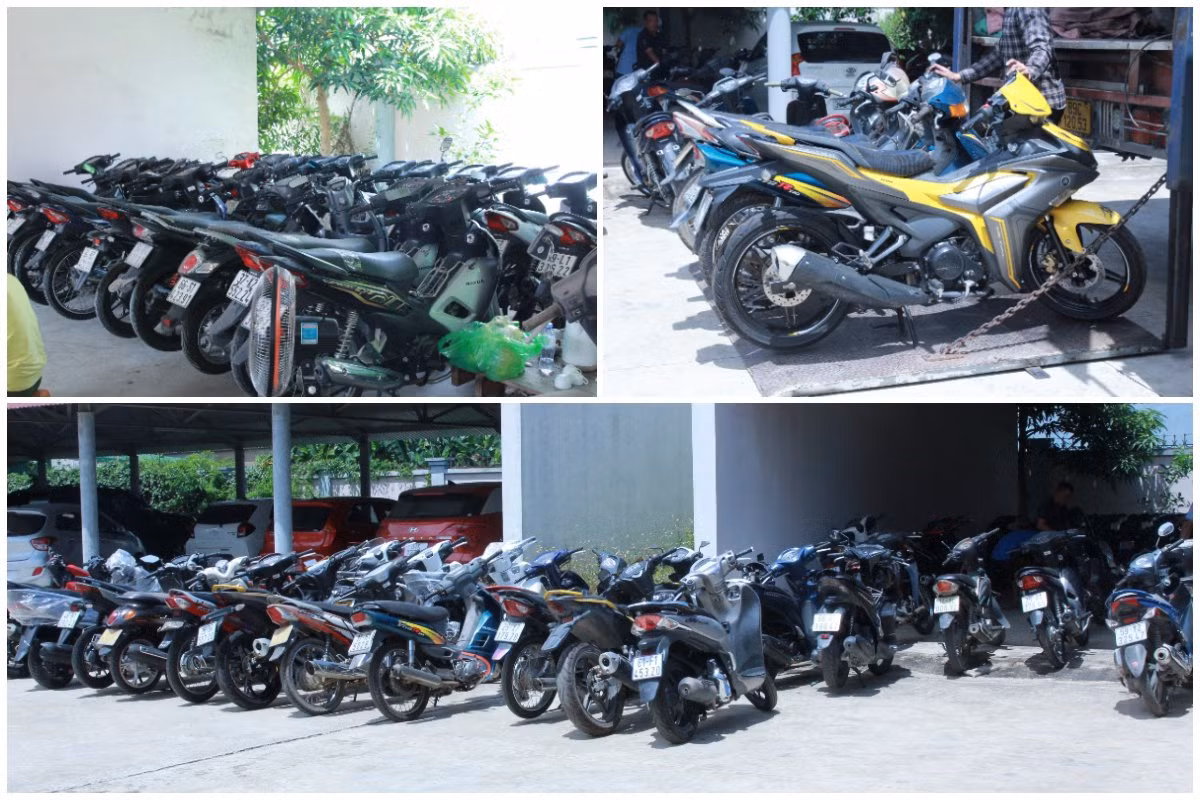Số xe máy được các đối tượng tập kết ở phường Mỹ Đức, thành phố Hà Tiên, tỉnh Kiên Giang, chuẩn bị đưa sang Campuchia theo đường tiểu ngạch để tiêu thụ.