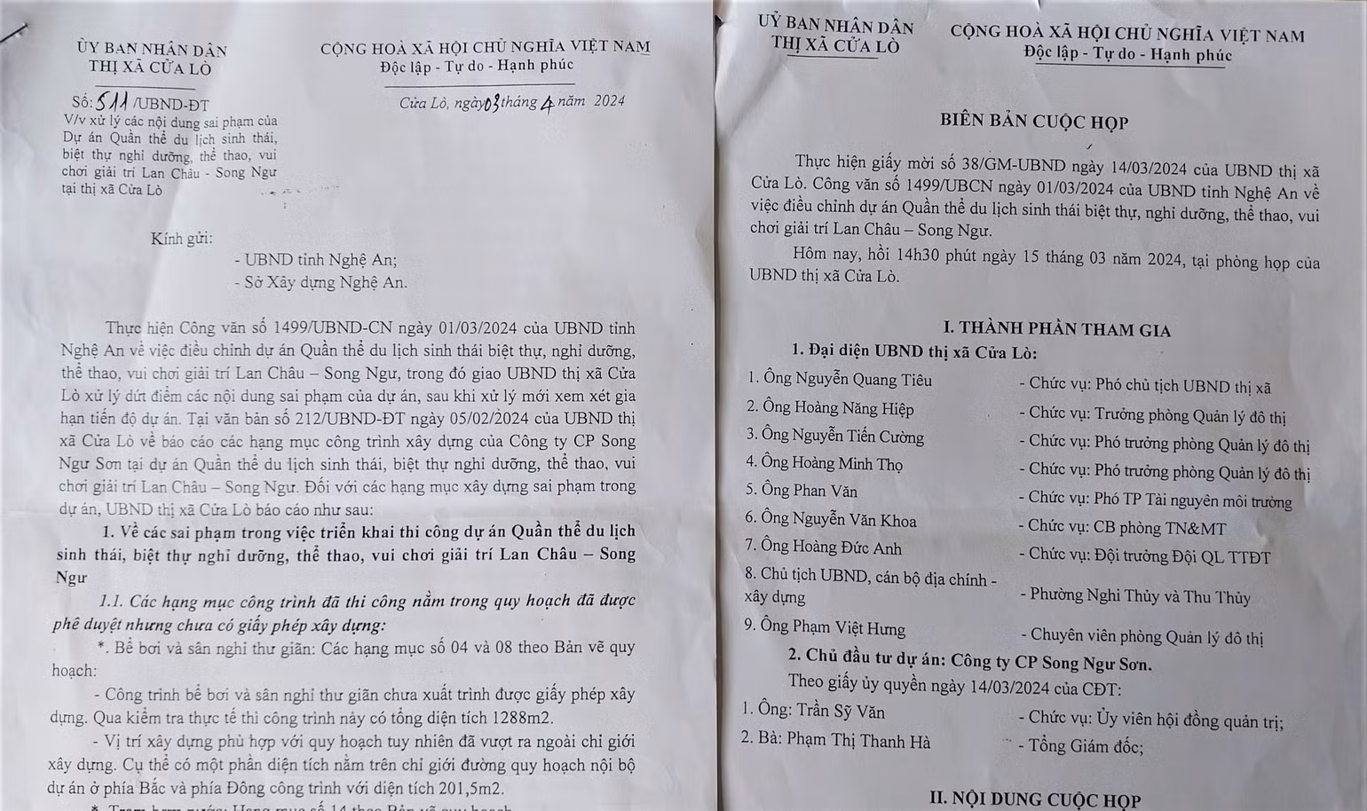 Biên bản cuộc họp giữa Ủy ban nhân dân thị xã Cửa Lò vào ngày 15/3/2024 và Công ty cổ phần Song Ngư Sơn; Báo cáo của Ủy ban nhân dân thị xã Cửa Lò gửi Ủy ban nhân dân tỉnh Nghệ An và Sở Xây dựng ngày 3/4/2024.