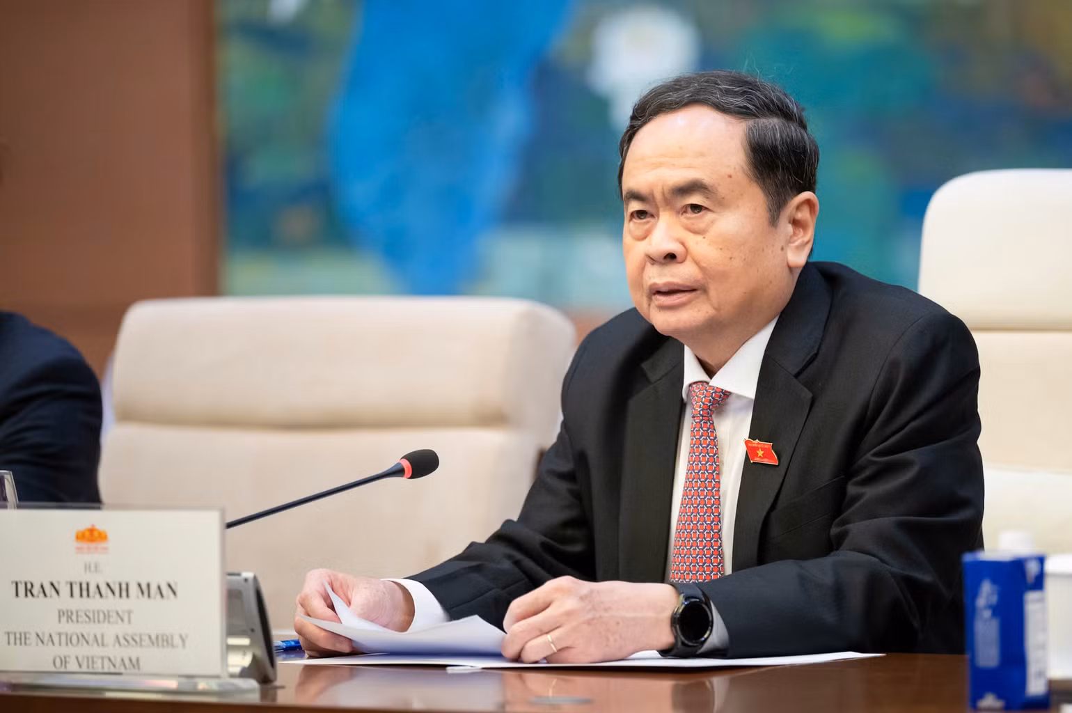 Chủ tịch Quốc hội Trần Thanh Mẫn phát biểu tại buổi tiếp. (Ảnh DUY LINH)