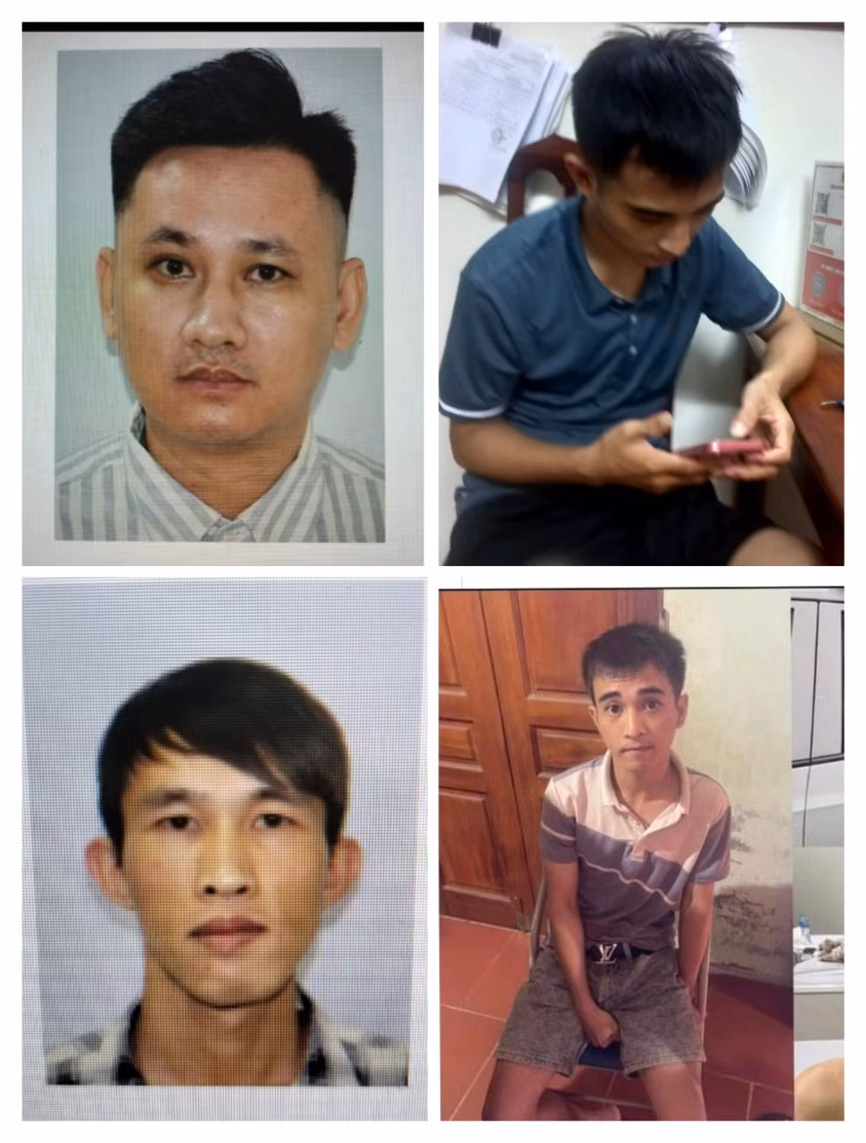 Các đối tượng: Tôn, Đông, Trường, Tuấn (theo thứ tự từ trái qua, từ trên xuống). (Ảnh do Công an cung cấp) Các đối tượng: Tôn, Đông, Trường, Tuấn (theo thứ tự từ trái qua, từ trên xuống). (Ảnh do Công an cung cấp)
