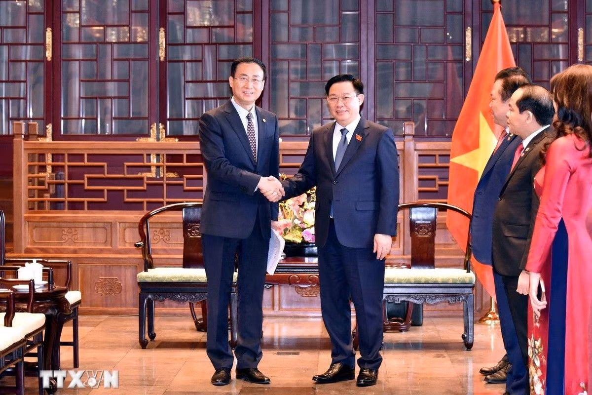 Chủ tịch Quốc hội Vương Đình Huệ tiếp ông Lã Trạch Tường, Phó Chủ tịch Tập đoàn Energy China kiêm Chủ tịch Energy China Quốc tế. (Ảnh: TTXVN)