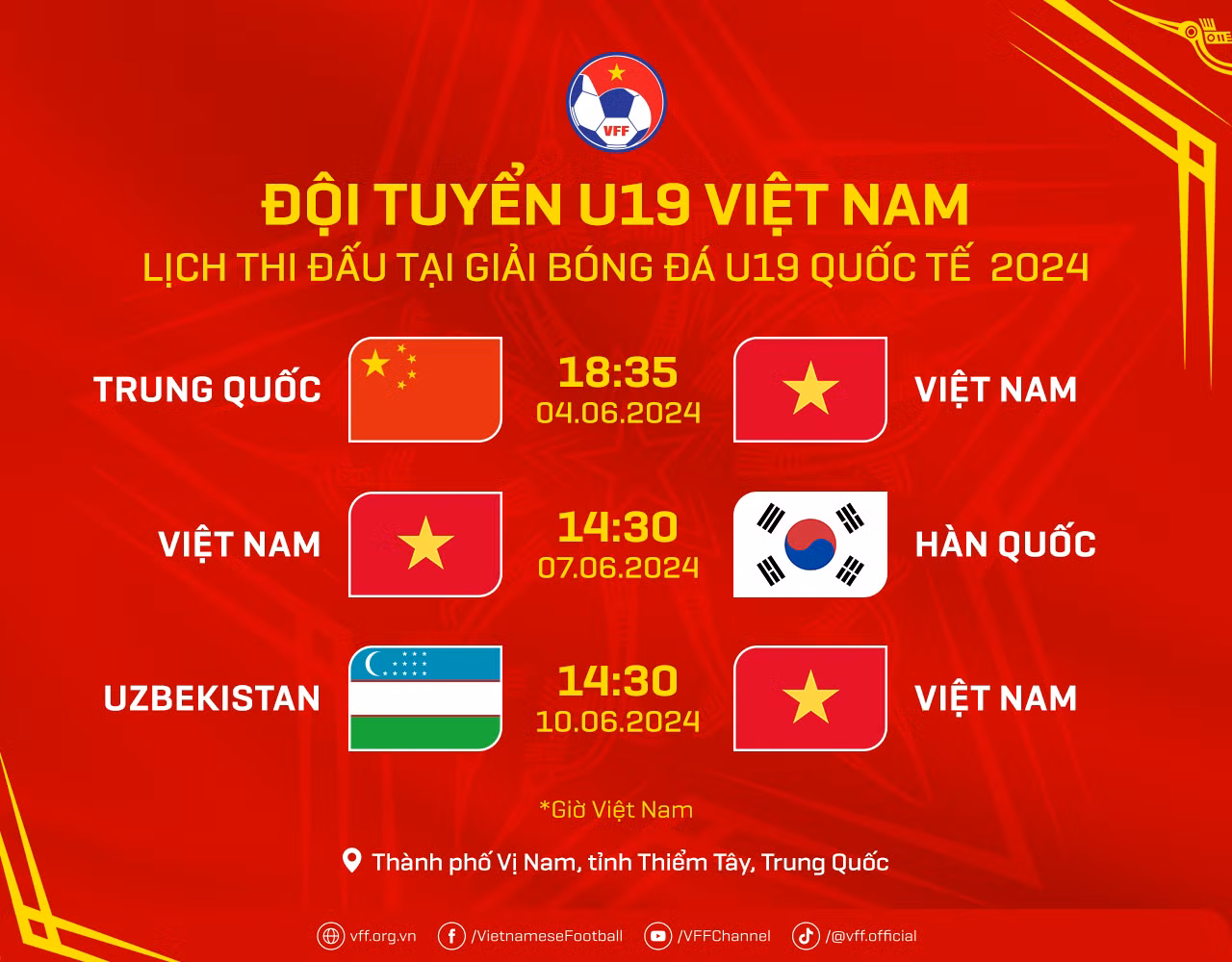 Lịch thi đấu của U19 Việt Nam tại Giải U19 quốc tế 2024. (Nguồn: VFF) Lịch thi đấu của U19 Việt Nam tại Giải U19 quốc tế 2024. (Nguồn: VFF)