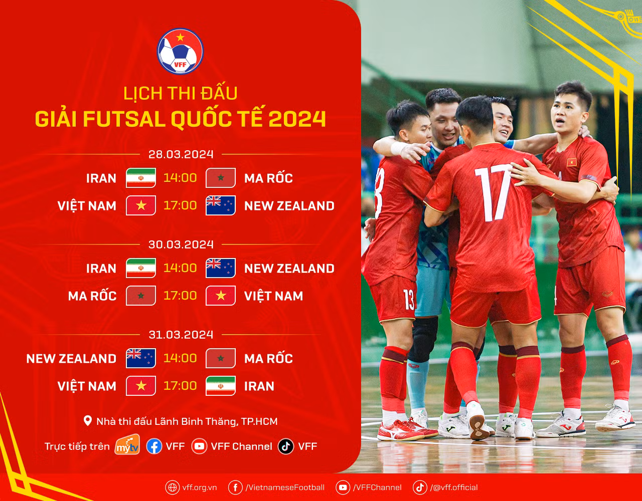 Lịch thi đấu giải futsal giao hữu quốc tế 2024. (Ảnh: VFF) Lịch thi đấu giải futsal giao hữu quốc tế 2024. (Ảnh: VFF)