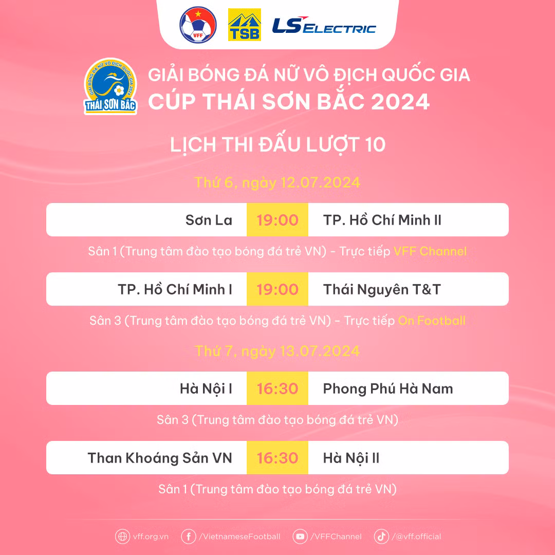 Lịch thi đấu lượt 10 giải bóng đá nữ vô địch quốc gia 2024. (Ảnh: VFF) Lịch thi đấu lượt 10 giải bóng đá nữ vô địch quốc gia 2024. (Ảnh: VFF)