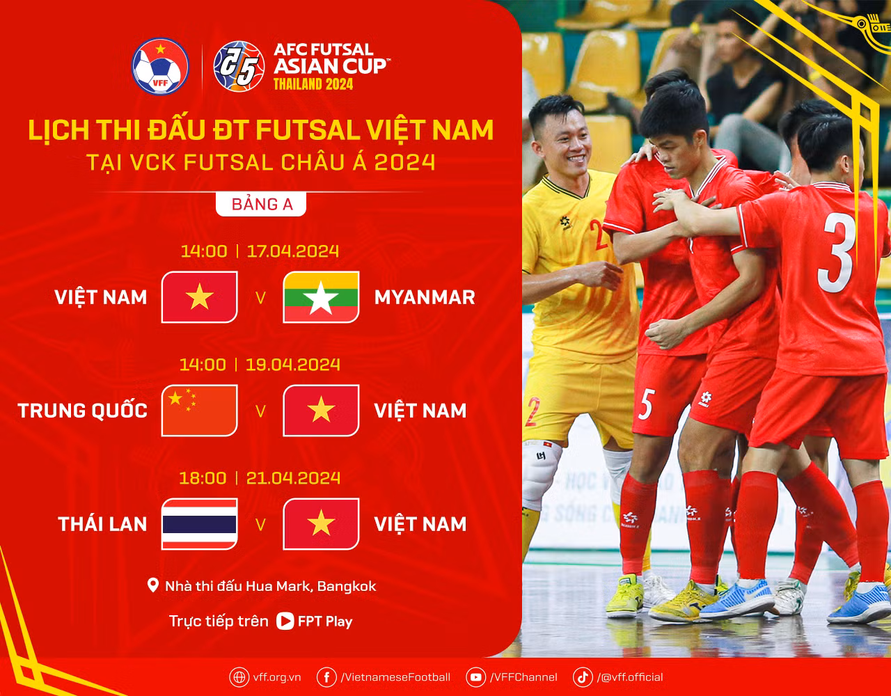 Lịch thi đấu của đội tuyển futsal Việt Nam tại Vòng chung kết futsal châu Á 2024. (Ảnh: VFF) Lịch thi đấu của đội tuyển futsal Việt Nam tại Vòng chung kết futsal châu Á 2024. (Ảnh: VFF)