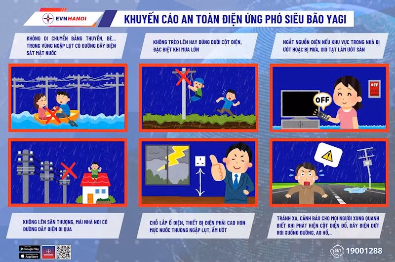 EVNHANOI khuyến cáo người dân về an toàn điện ứng phó với siêu bão Yagi. EVNHANOI khuyến cáo người dân về an toàn điện ứng phó với siêu bão Yagi.