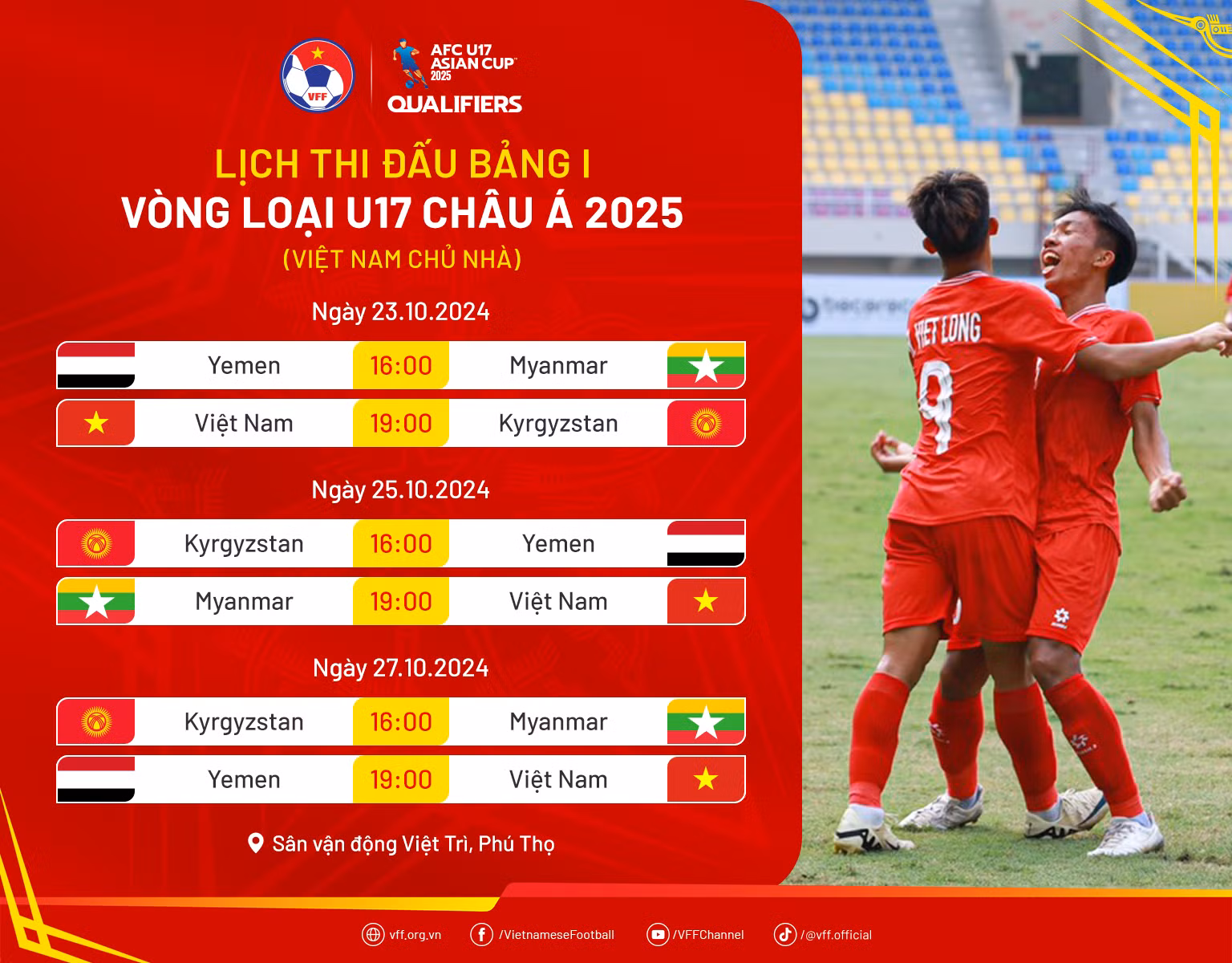 Lịch thi đấu bảng I Vòng loại U17 châu Á 2025. (Nguồn: VFF) Lịch thi đấu bảng I Vòng loại U17 châu Á 2025. (Nguồn: VFF)