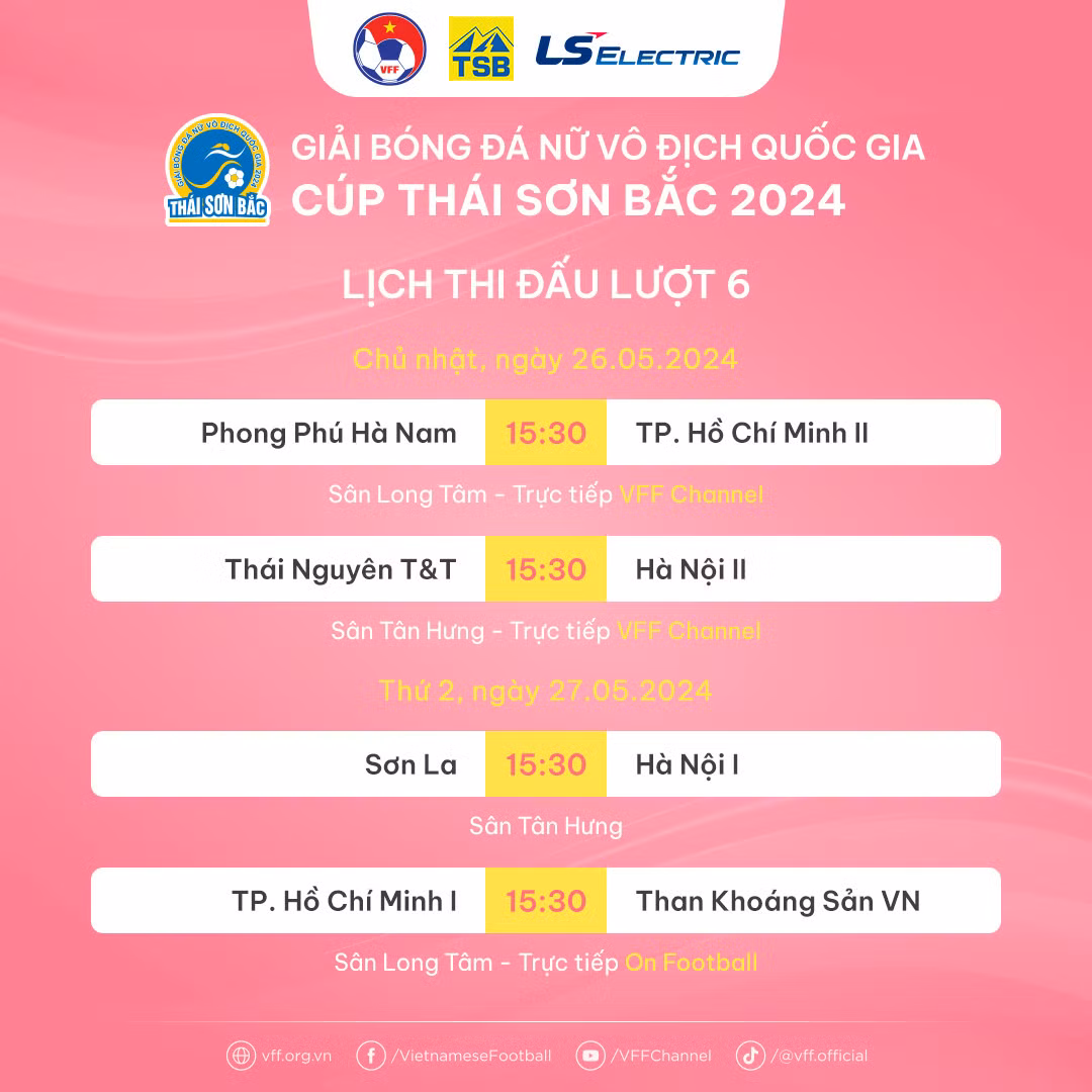 Lịch thi đấu lượt 6 Giải bóng đá nữ vô địch quốc gia.