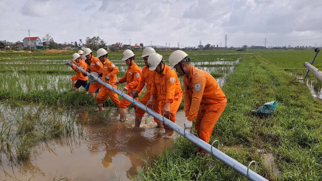 Công nhân Điện lực Quảng Nam dựng lại cột điện bị đổ sau bão lớn năm 2022. Công nhân Điện lực Quảng Nam dựng lại cột điện bị đổ sau bão lớn năm 2022.
