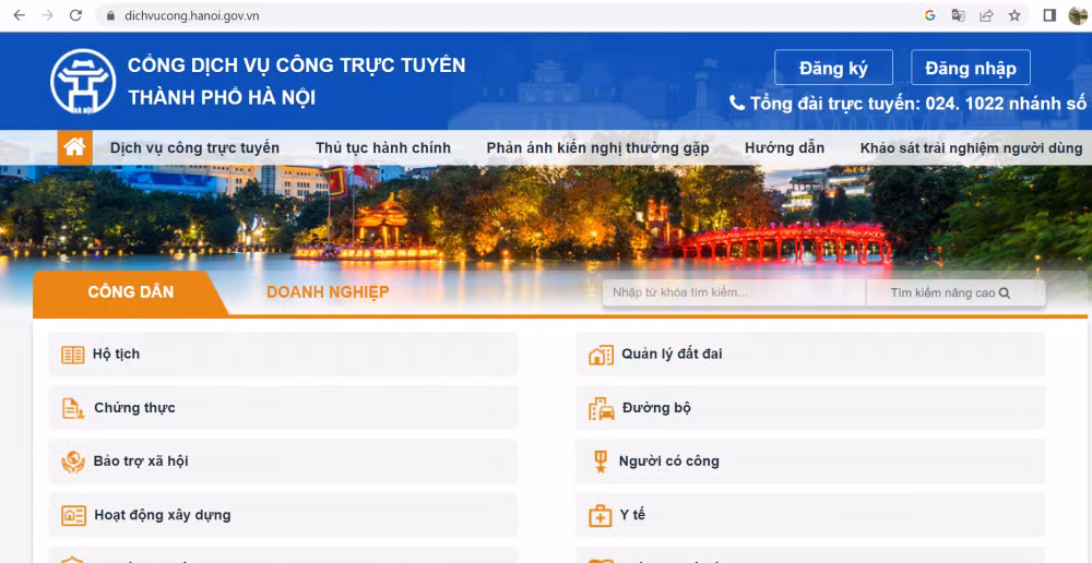 Cổng dịch vụ công trực tuyến của thành phố Hà Nội.