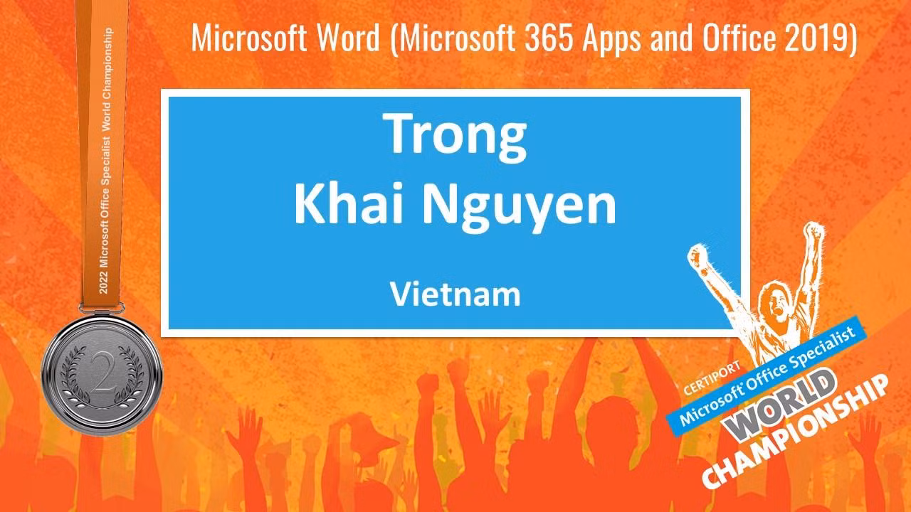 Chúc mừng thành tích Huy chương Bạc của thí sinh Nguyễn Trọng Khải từ fanpage Ban Tổ chức Microsoft Office Specialist World Championship. Chúc mừng thành tích Huy chương Bạc của thí sinh Nguyễn Trọng Khải từ fanpage Ban Tổ chức Microsoft Office Specialist World Championship.
