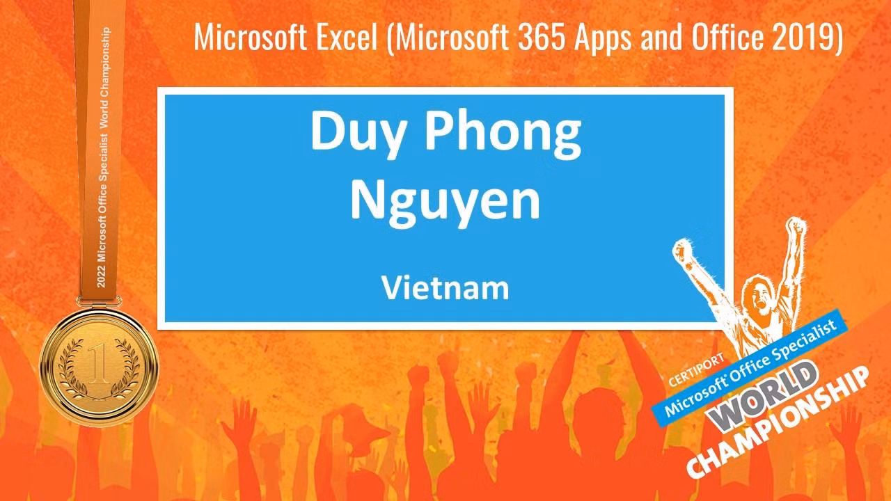 Chúc mừng thành tích Huy chương Vàng của thí sinh Nguyễn Duy Phong từ fanpage Ban Tổ chức Microsoft Office Specialist World Championship. Chúc mừng thành tích Huy chương Vàng của thí sinh Nguyễn Duy Phong từ fanpage Ban Tổ chức Microsoft Office Specialist World Championship.
