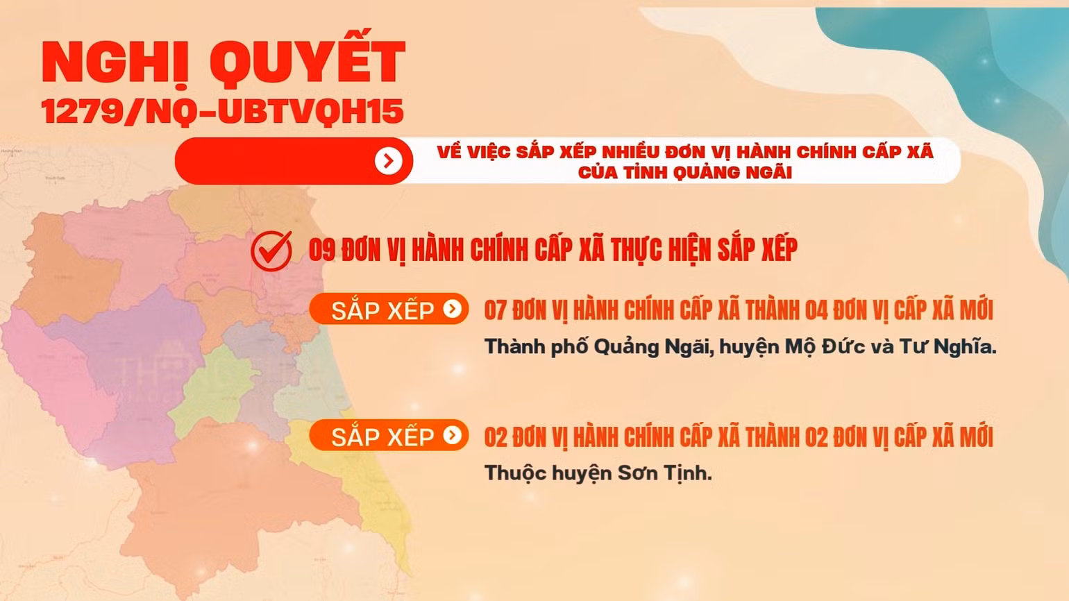 Giai đoạn 2023-2025, tỉnh Quảng Ngãi có 9 đơn vị hành chính cấp xã thực hiện sắp xếp.