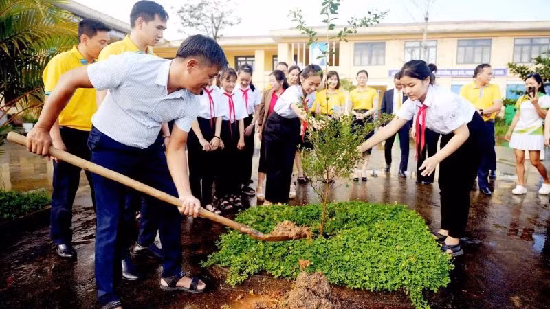 Thầy cô, học sinh và Nam A Bank chung tay trồng cây xanh trong khuôn viên trường. Thầy cô, học sinh và Nam A Bank chung tay trồng cây xanh trong khuôn viên trường.