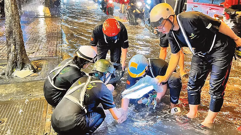 Các thành viên nhóm Sài Gòn Xanh thu dọn rác, hạn chế tắc ngập cống trong mùa mưa bão. Các thành viên nhóm Sài Gòn Xanh thu dọn rác, hạn chế tắc ngập cống trong mùa mưa bão.