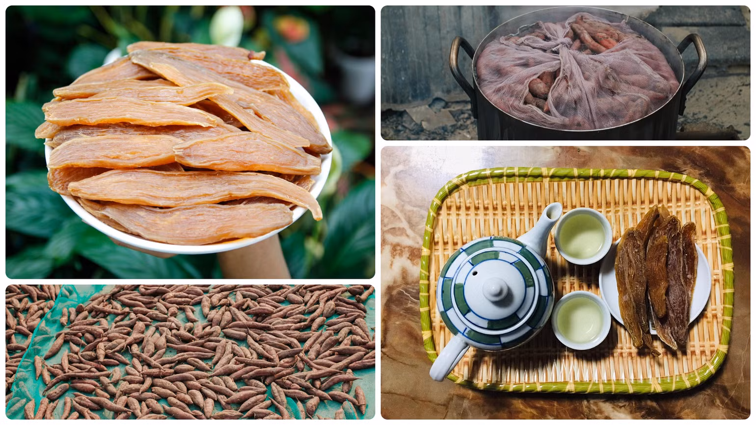 Dù phơi nắng phơi sương bao lần nữa thì khoai vẫn giữ được nguyên một hương vị thơm dịu với cái ngọt bùi nguyên vẹn. Khoai deo ngon là loại khoai khô nhưng lại dẻo như mạch nha, có sắc đỏ vàng như mật ong còn vị thì như đường phèn. (Ảnh: Vietkings)