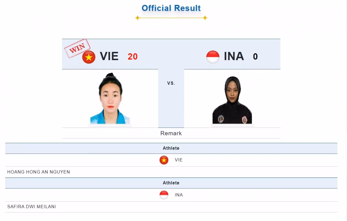 Trên trang chủ SEA Games, hiện Hồng Ân vẫn là người được công bố chiến thắng. (Ảnh chụp màn hình)