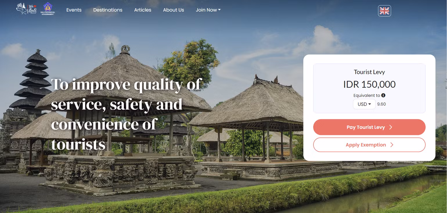 Du khách có thể đóng thuế du lịch trước khi đến Bali thông qua trang web chính thức của du lịch Bali. (Ảnh chụp màn hình) Du khách có thể đóng thuế du lịch trước khi đến Bali thông qua trang web chính thức của du lịch Bali. (Ảnh chụp màn hình)