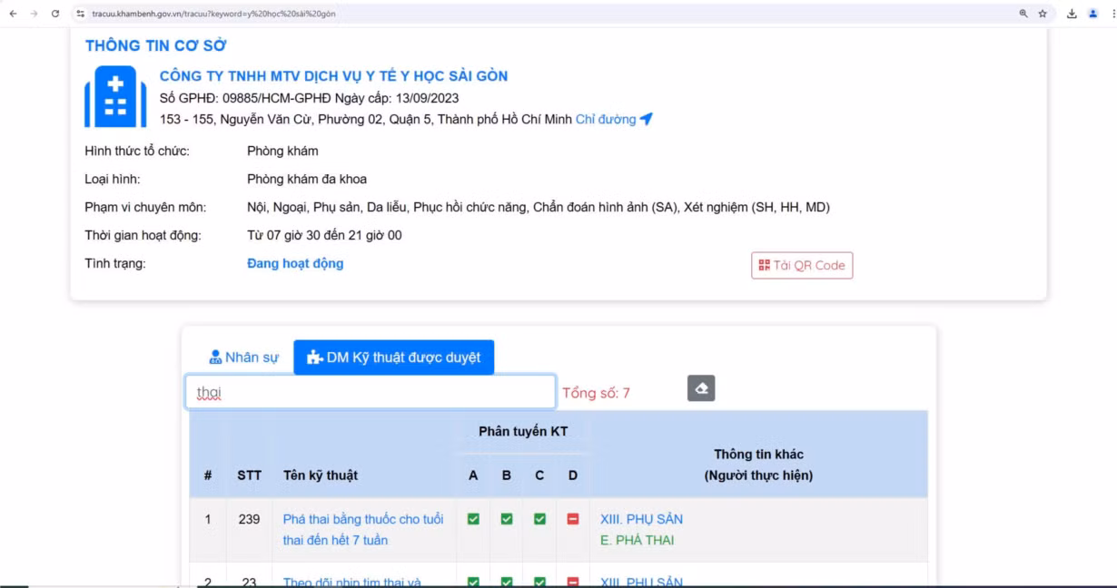 Thông tin phòng khám trên trang web: https://tracuu.khambenh.gov.vn của Sở Y tế Thành phố Hồ Chí Minh Thông tin phòng khám trên trang web: https://tracuu.khambenh.gov.vn của Sở Y tế Thành phố Hồ Chí Minh