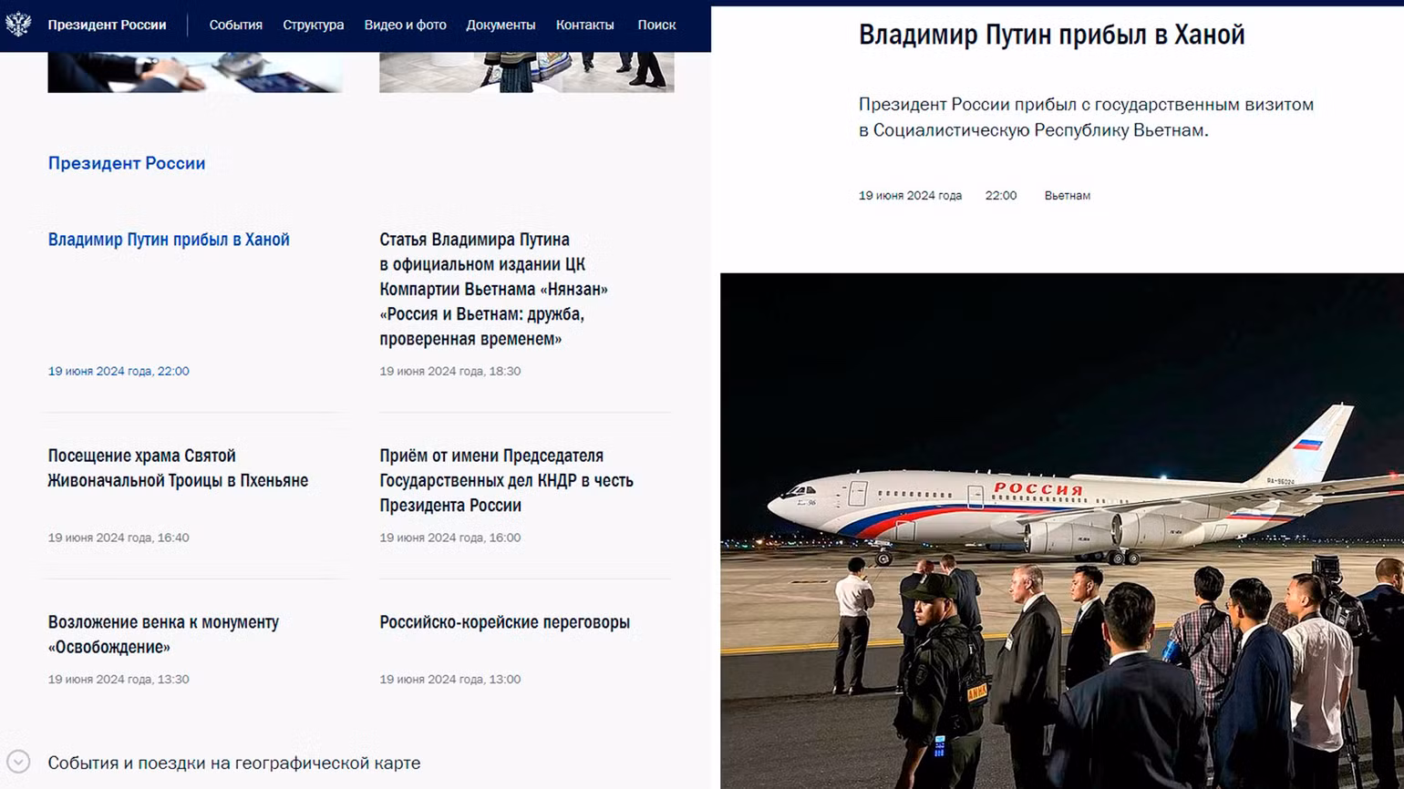 Tin tức và hình ảnh về chuyến thăm cấp Nhà nước của Tổng thống Nga Putin tới Việt Nam trên trang web chính thức của Điện Kremlin. (Ảnh chụp màn hình)