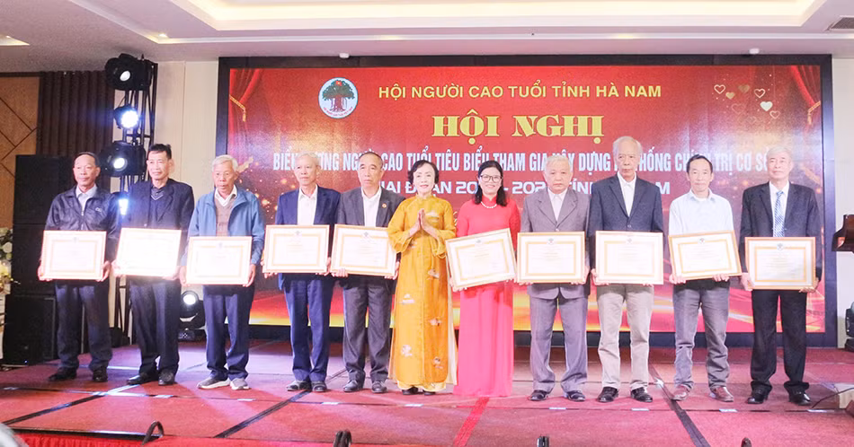 Bà Trần Thị Loan, Chủ tịch Hội Người cao tuổi tỉnh Hà Nam khen thưởng biểu dương người cao tuổi tiêu biểu tham gia xây dựng hệ thống chính trị cơ sở.