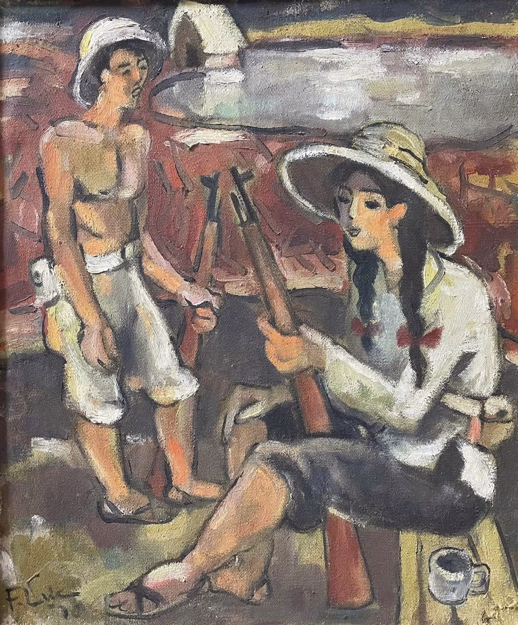 "Dân quân giải lao" (sơn dầu) - Phạm Lực. "Dân quân giải lao" (sơn dầu) - Phạm Lực.
