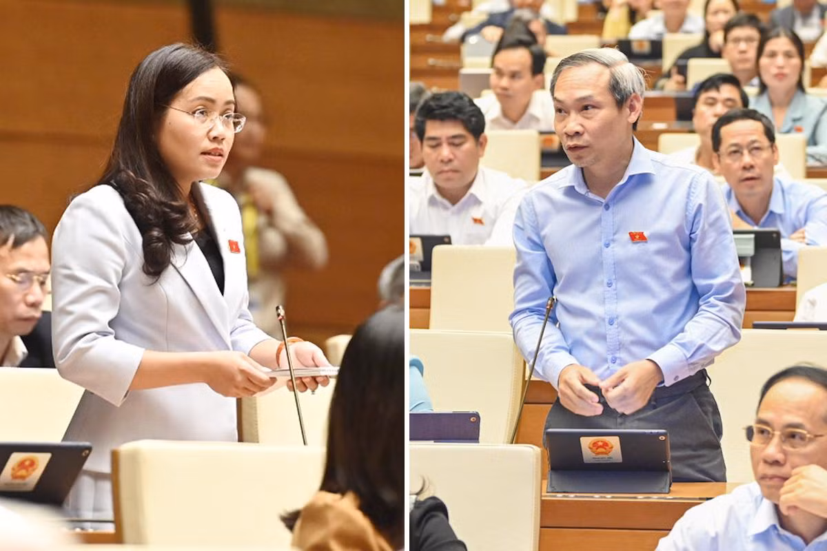 Đại biểu Quốc hội tỉnh Bắc Kạn Hồ Thị Kim Ngân (trái) và đại biểu Quốc hội tỉnh Thái Bình Phan Đức Hiếu đặt câu hỏi chất vấn Bộ trưởng Xây dựng Nguyễn Thanh Nghị. Đại biểu Quốc hội tỉnh Bắc Kạn Hồ Thị Kim Ngân (trái) và đại biểu Quốc hội tỉnh Thái Bình Phan Đức Hiếu đặt câu hỏi chất vấn Bộ trưởng Xây dựng Nguyễn Thanh Nghị.