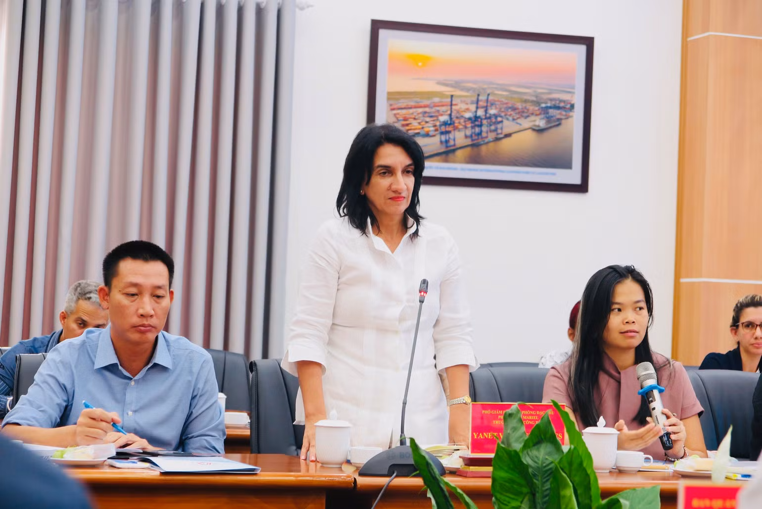 Bà Yanet Vazquez Valdes, Phó Giám đốc Văn phòng Đặc khu phát triển Mariel trao đổi tại cuộc gặp gỡ.