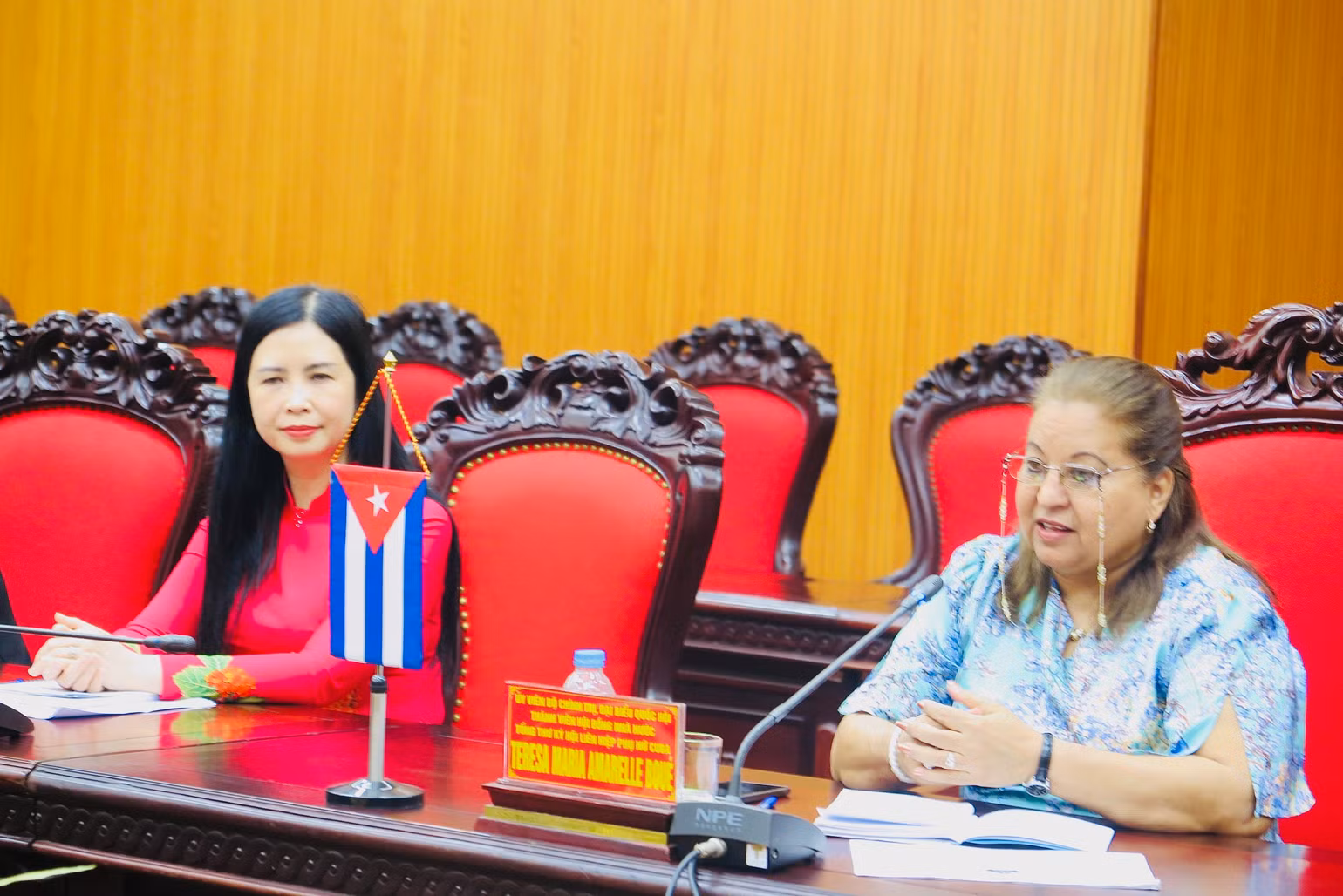 Đồng chí Teresa María Amarelle Boué, Ủy viên Bộ Chính trị, Tổng Thư ký Hội Liên hiệp Phụ nữ Cuba trao đổi tại buổi gặp mặt.