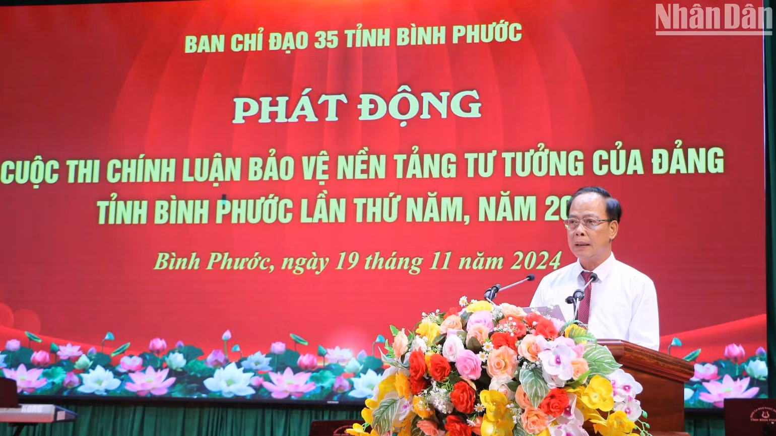 Ủy viên Ban Thường vụ, Trưởng Ban Tuyên giáo Tỉnh ủy, Phó Trưởng ban Thường trực Ban Chỉ đạo 35 tỉnh Bình Phước Vũ Tiến Điền phát động cuộc thi Chính luận bảo vệ nền tảng tư tưởng của Đảng lần thứ 5, năm 2025. Ủy viên Ban Thường vụ, Trưởng Ban Tuyên giáo Tỉnh ủy, Phó Trưởng ban Thường trực Ban Chỉ đạo 35 tỉnh Bình Phước Vũ Tiến Điền phát động cuộc thi Chính luận bảo vệ nền tảng tư tưởng của Đảng lần thứ 5, năm 2025.