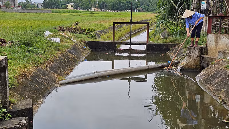 Người lao động vớt rác, lưu thông dòng chảy trên kênh tiêu. Người lao động vớt rác, lưu thông dòng chảy trên kênh tiêu.
