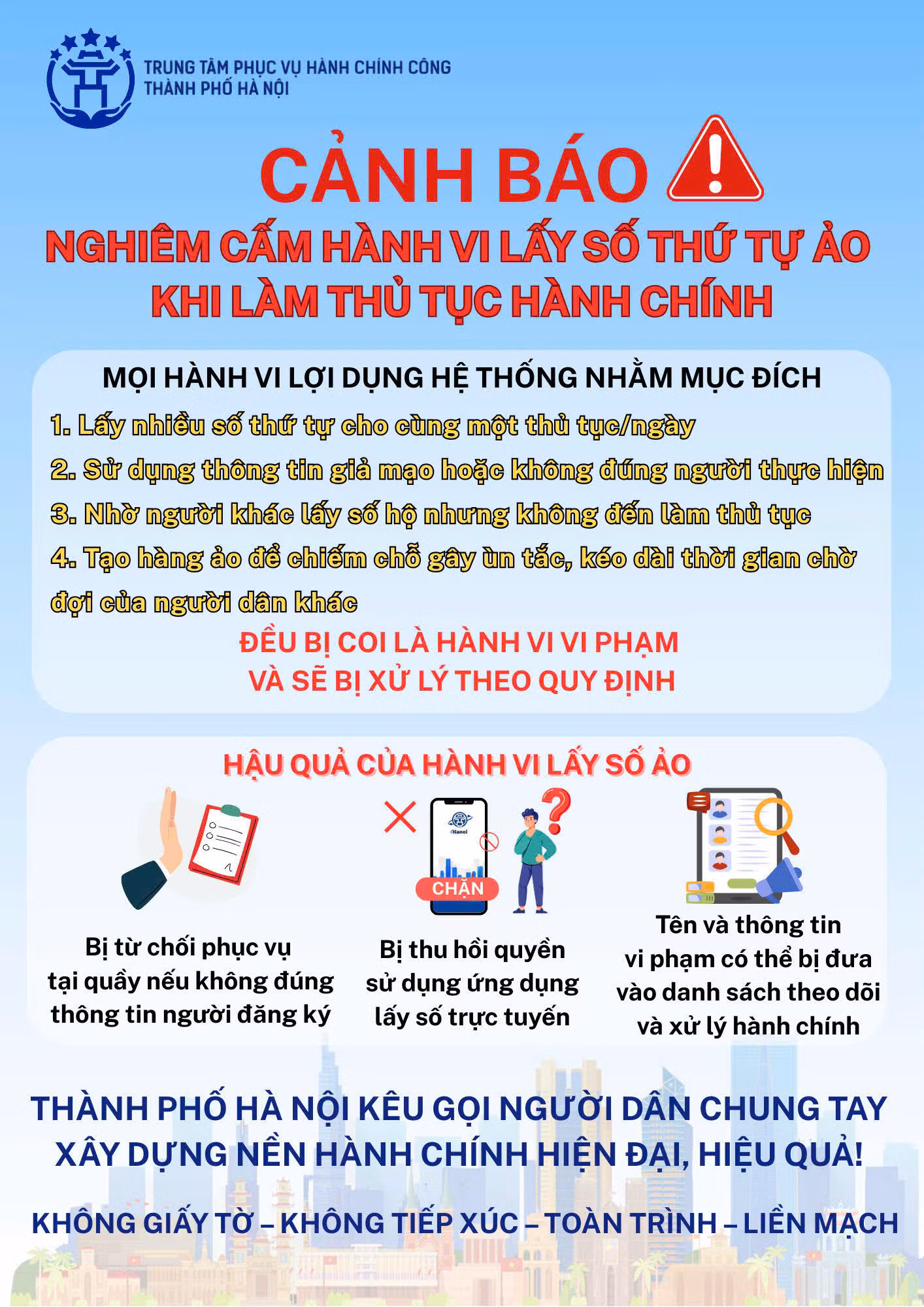 Thành phố Hà Nội yêu cầu người dân nghiêm túc tuân thủ các quy định khi đăng ký lấy số thứ tự qua ứng dụng iHanoi hoặc tại Trung tâm Phục vụ Hành chính công thành phố. Thành phố Hà Nội yêu cầu người dân nghiêm túc tuân thủ các quy định khi đăng ký lấy số thứ tự qua ứng dụng iHanoi hoặc tại Trung tâm Phục vụ Hành chính công thành phố.